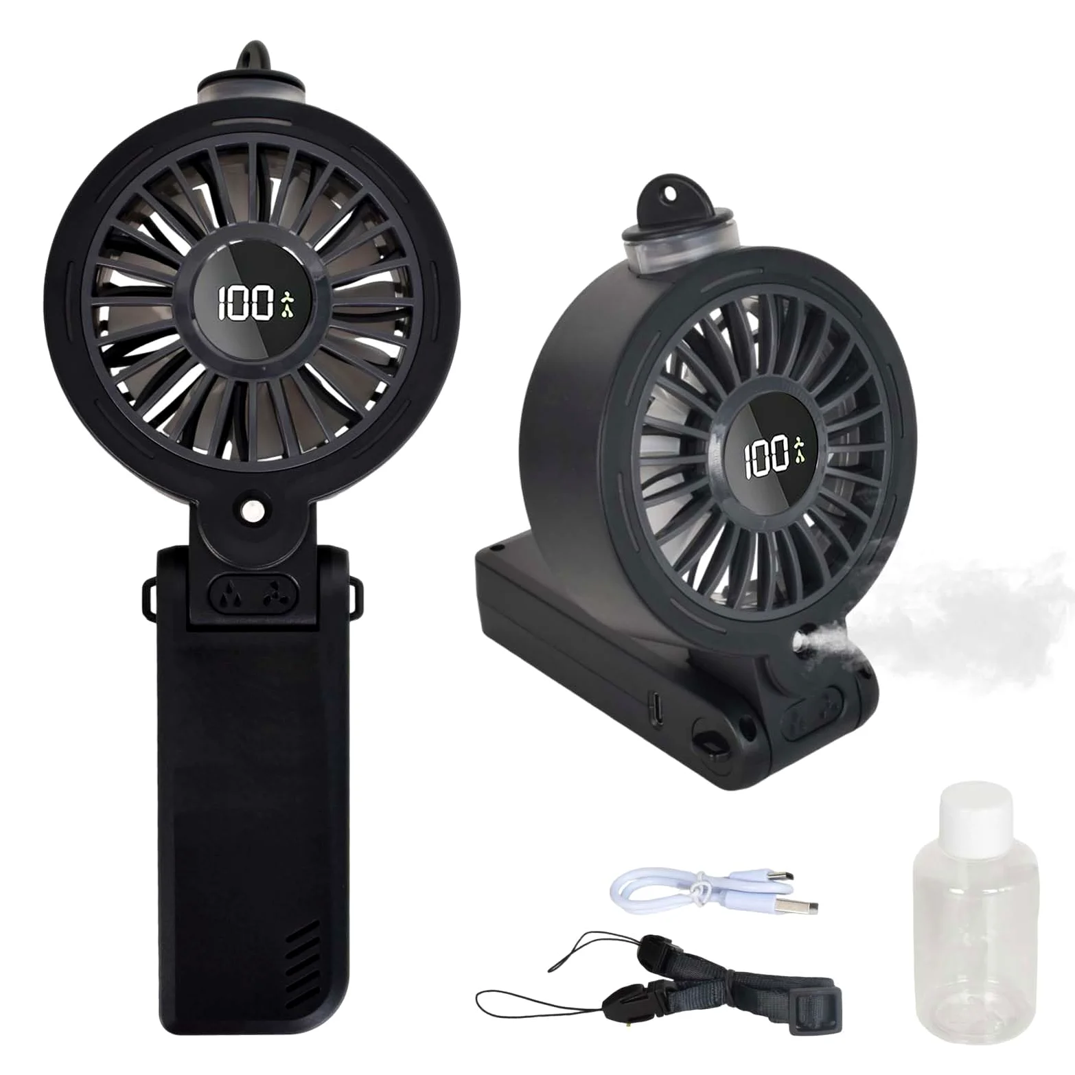 Ventilatore portatile, mini ventilatore nebulizzatore con schermo a LED e 100 velocità, ventilatore USB ricaricabile da scrivania, pieghevole, silenziatore da collo per casa, ufficio, viaggi (nero)