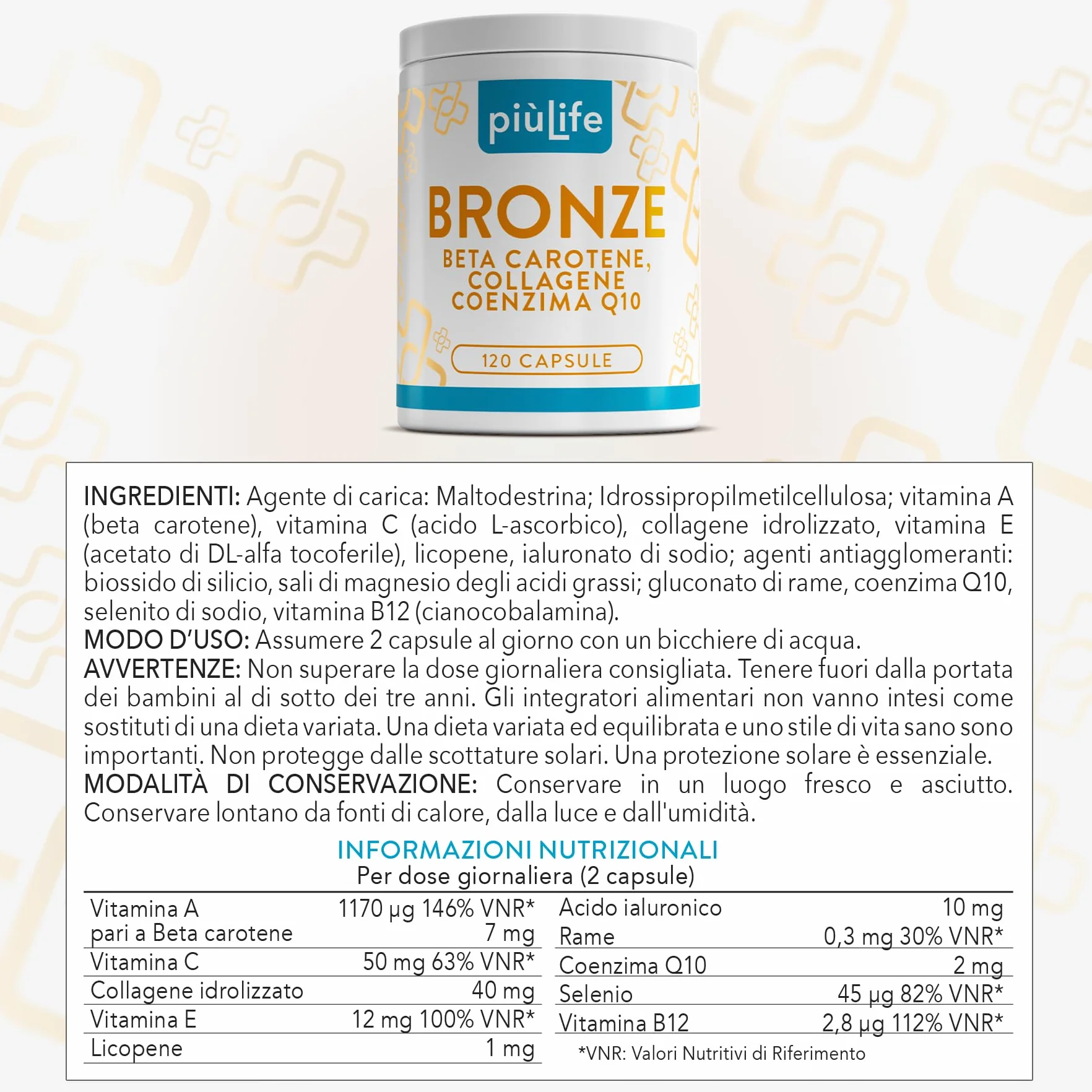 PiùLife Betacarotene Integratore Abbronzatura 120 Capsule con Vitamina A C E Selenio Licopene Collagene Acido Ialuronico