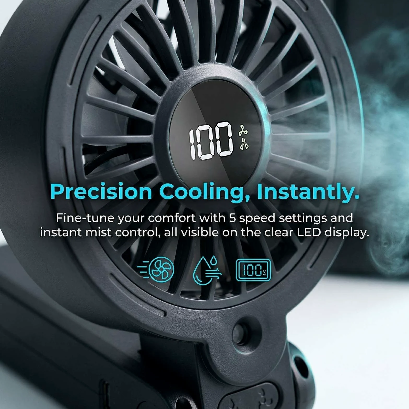 Ventilatore portatile, mini ventilatore nebulizzatore con schermo a LED e 100 velocità, ventilatore USB ricaricabile da scrivania, pieghevole, silenziatore da collo per casa, ufficio, viaggi (nero)