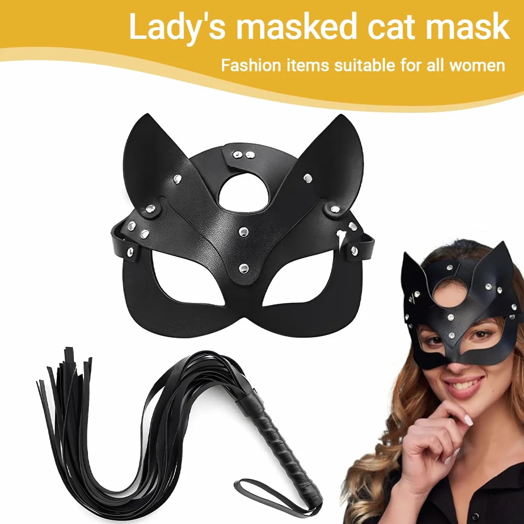 Frustino equitazione in pelle flessibile nera 2 pezzi con maschera travestimento