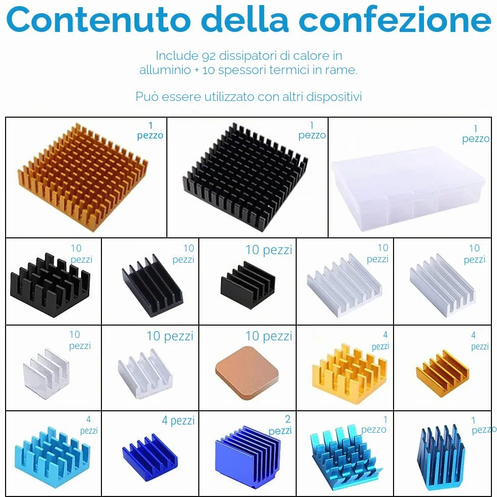 GeeekPi 102 pezzi (12 misure diverse) Kit dissipatore di calore con nastro conduttivo, dissipatore di calore in alluminio e dissipatore di rame per Raspberry Pi A B + 2/3/4