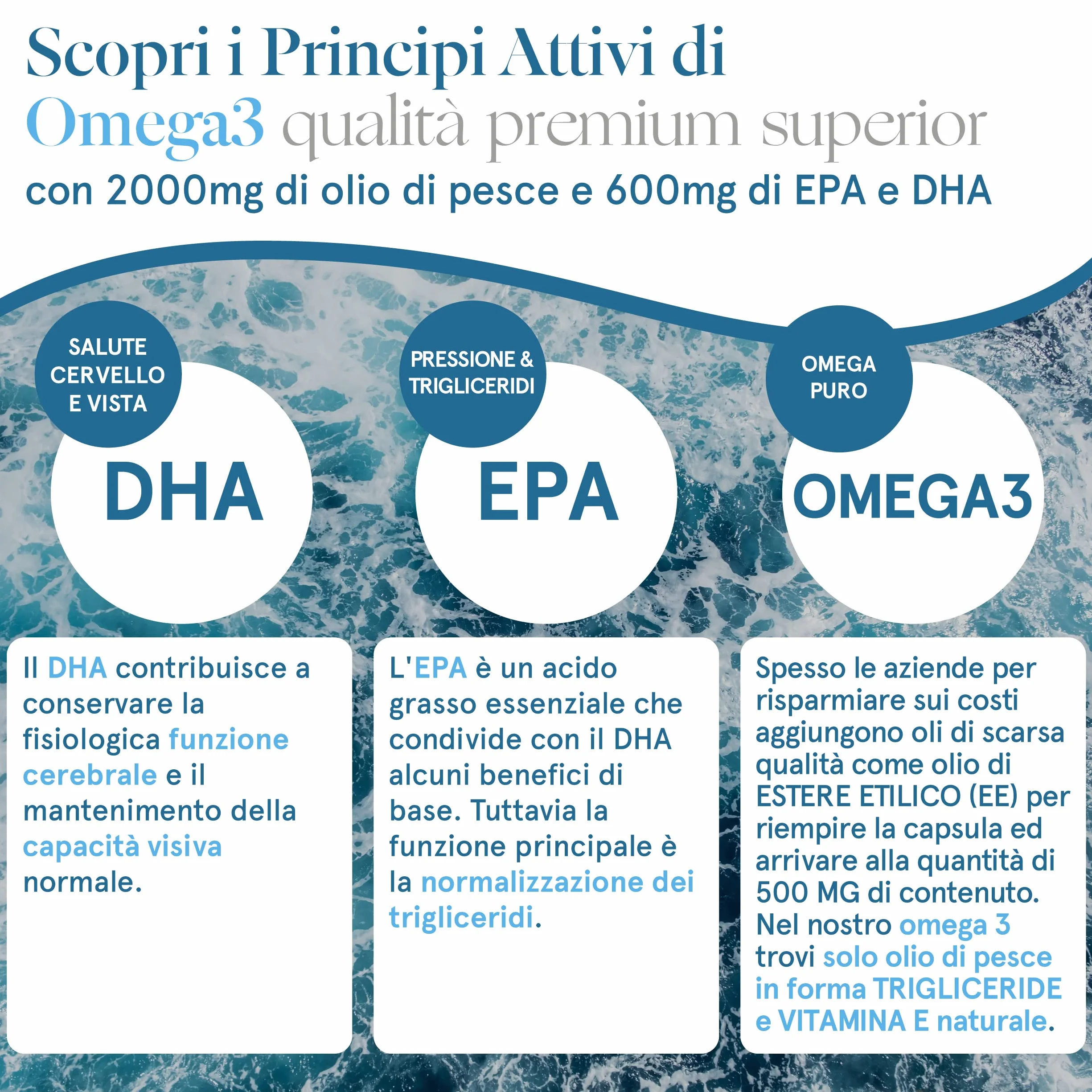 Omega 3 Capsule 2000mg Olio di Pesce Trigliceride 600mg EPA DHA Vitamina E