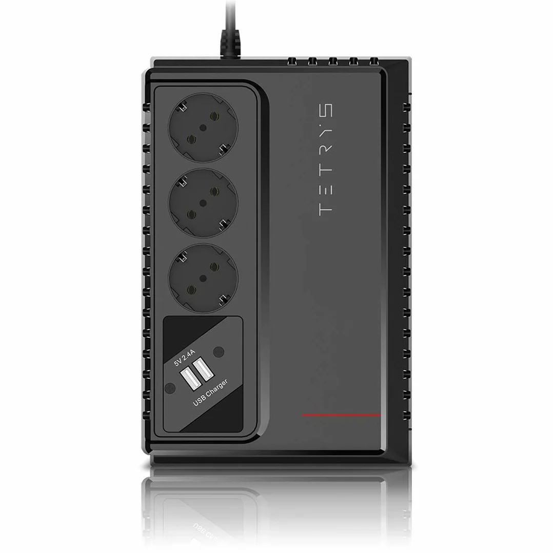 EPYC® TETRYS - UPS a Ciabatta Multipresa, Potenza 850VA/480Watt, Gruppo di Continuità per PC, Tecnologia Line Interactive, AVR, 3 Uscite Schuko, Doppio Caricabatterie Smartphone e Tablet, UPS 800VA