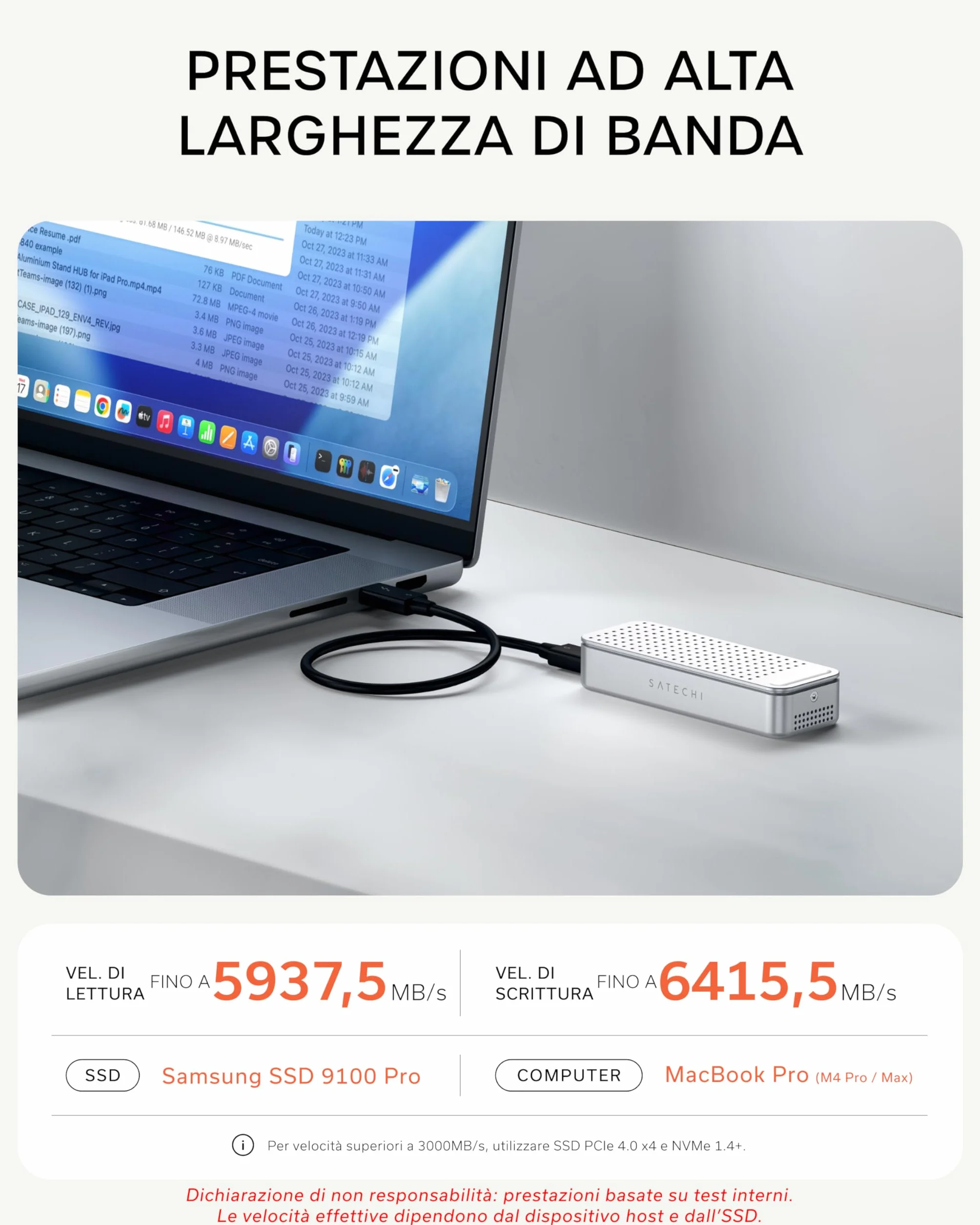 SATECHI DotDisk™ Case SSD M.2 NVMe 80Gbps, USB4 V2 in Alluminio con Raffreddamento Attivo, Trasferimento Ultra Rapido per Thunderbolt 5 e USB4 – Argento