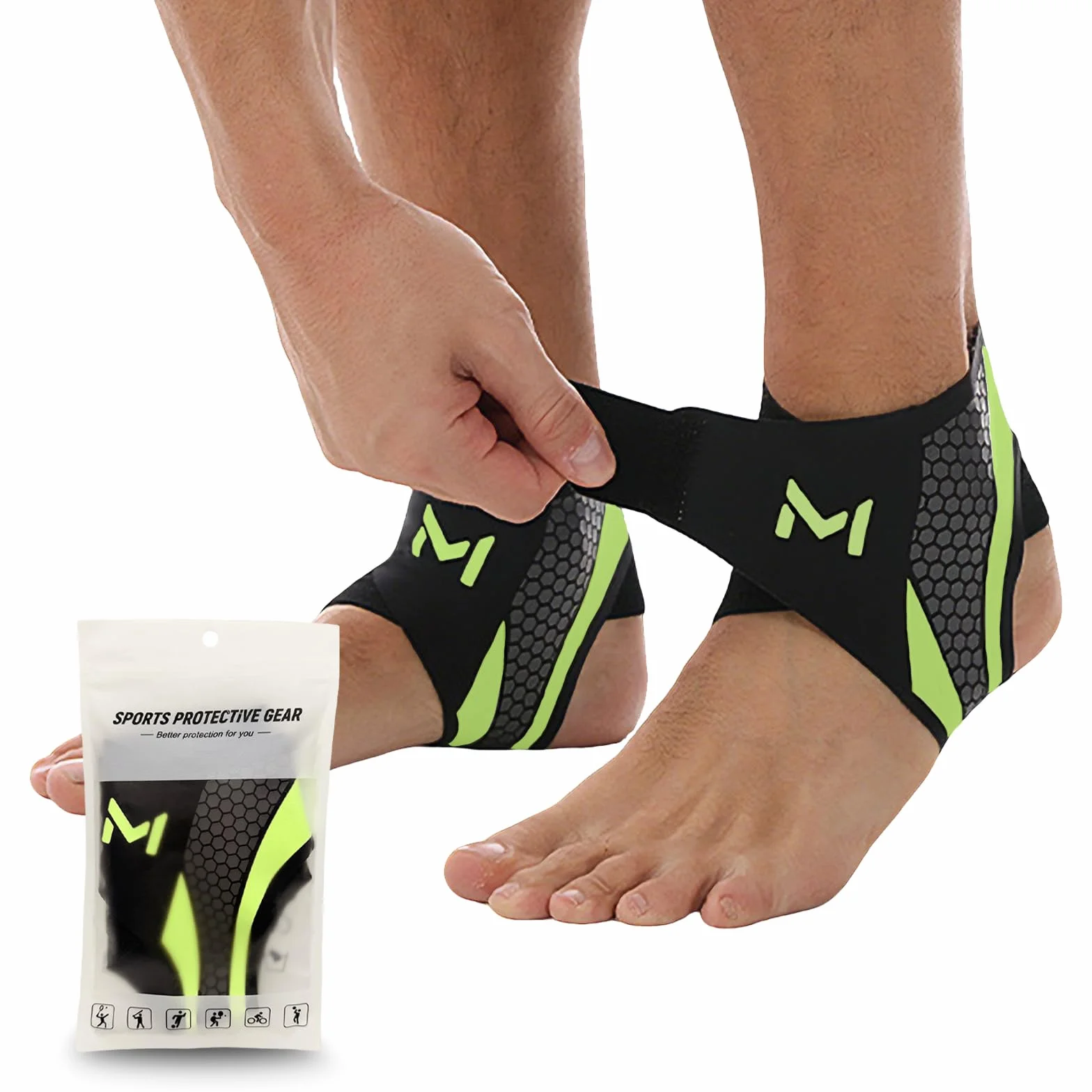 Cavigliera Sportiva 2 Pezzi – Supporto Elastica in Nylon Traspirante con Doppia Fascia Regolabile a U, Unisex, per Corsa, Calcio, Fitness, Recupero Articolare (Nero + Verde)