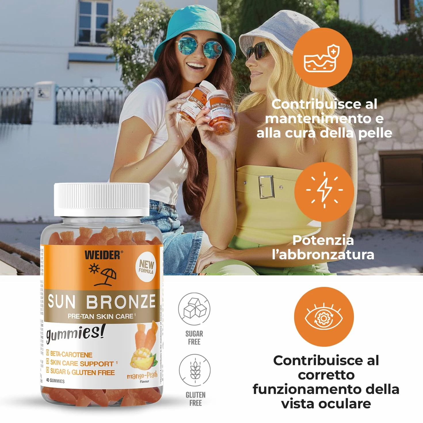 Weider Sun Bronze Gummies 40 caramelle gommose beta-carotene luteina zeaxantina abbronzatura protezione pelle senza zucchero