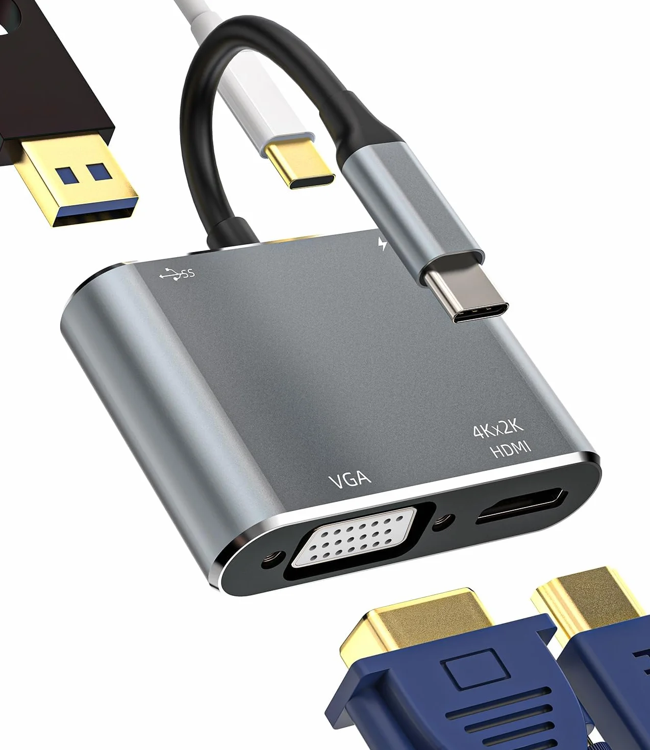 Adattatore USB C A VGA HDMI(4 In 1)Hub USB OTG 3.0 Per Apple IPhone 15 Cavo Ricarica Convertitore MacBook Air Multiporta AV Adapter Per iPad Compatibile Per Samsung S24 Tablet Jack Adaptateur tp-4in1