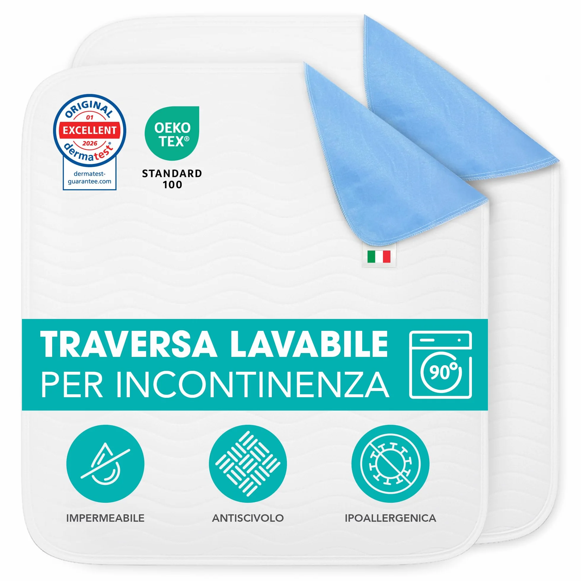 Traversa Incontinenza Lavabile 75x90 cm Proteggi Materasso Impermeabile OEKO-TEX Alta Assorbenza Riutilizzabile Adulti