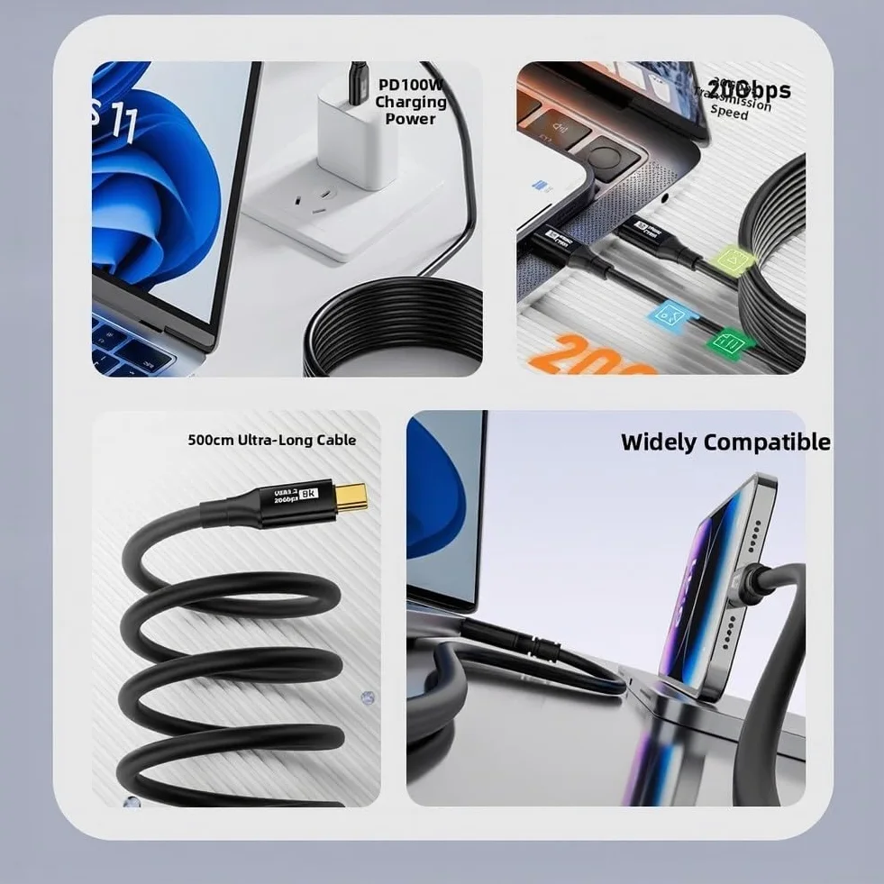 Cavo di ricarica USB C in nylon, 5 m, robusto per telefono cellulare (5 m (due pezzi)) | Ricarica rapida da 100 W, trasferimento dati da 20 Gbps, portata di 5 m, materiale in PVC, nero