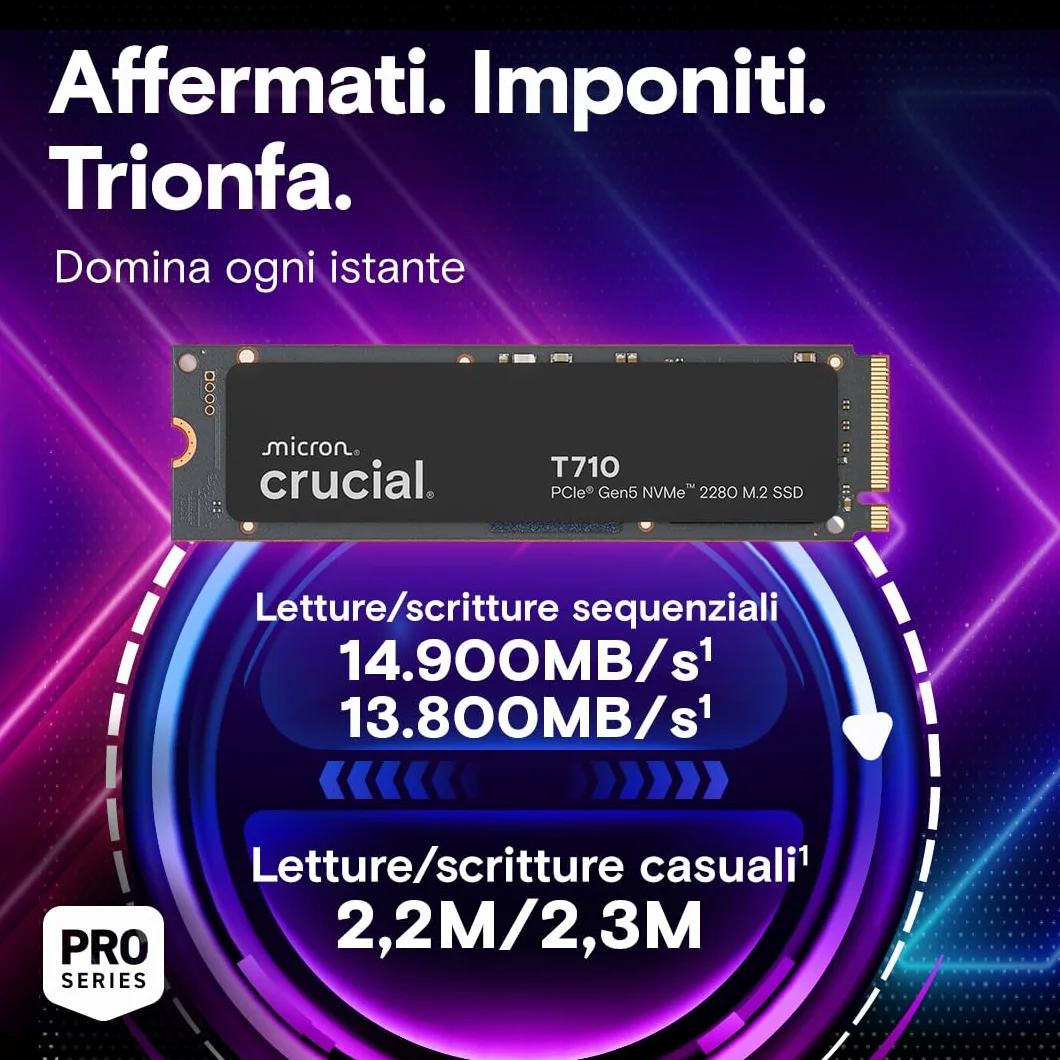 Crucial T710 SSD 1TB PCIe 5.0 x4 Gen5 NVMe M.2, Velocità fino a 14900 MB/s Lettura, 13700 MB/s in Scrittura, Notebook e PC Desktop, TLC NAND, Hard Disk Interno - CT1000T710SSD8-01