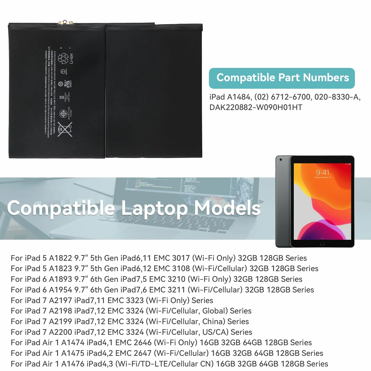 K KYUER A1484 Tablet Batteria per iPad 5 6 7 8 9 5th 6th 7th 8th 9th Gen A1822 A1823 A1893 A1954 A2197 A2198 A2199 A2200 A2428 A2429 A2430 A2602 A2603 A2604 A2605 Air 1 1st Gen 2013 A1474 A1475 A1476