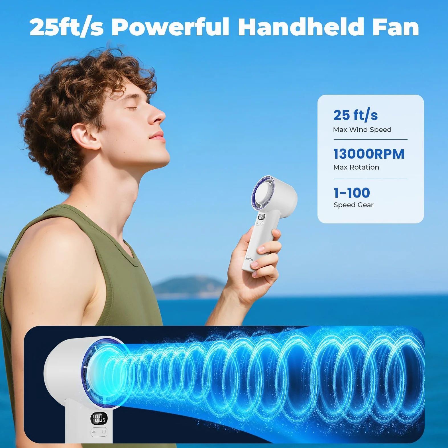 HandFan Ventola portatile turbo ad alta velocità da 5200 mAh, 13000 giri/min, mini ventilatore portatile AC, 100 velocità regolabili, display digitale, ricaricabile tramite USB, per viaggi, spiaggia,