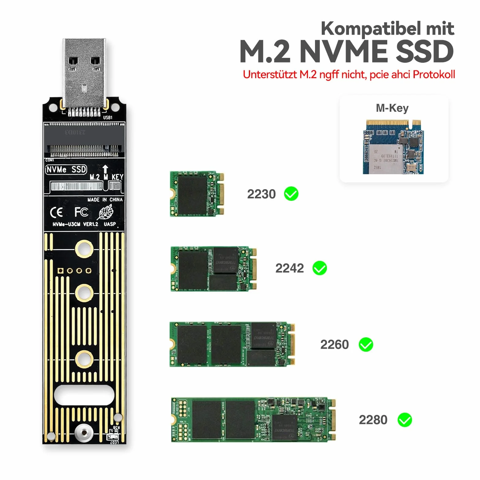 ELUTENG Adattatore M.2 NVMe a USB 3.1, 10Gbps Type-A Scheda riser a inserimento diretto, Lettore di Scheda PCIe M-Key SSD 2230/2242/2260/2280