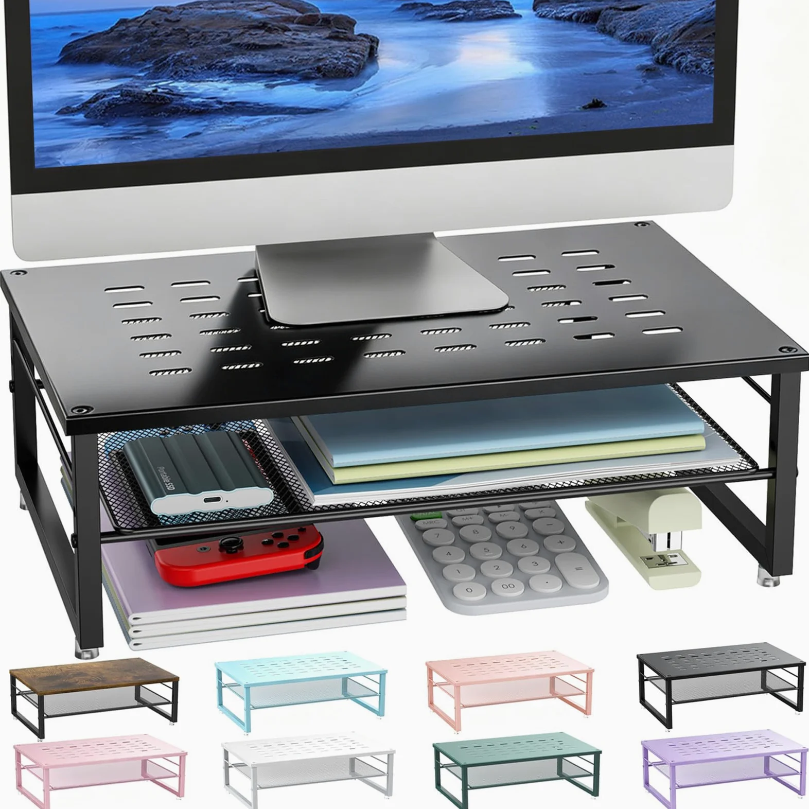 gianotter Supporto per monitor in metallo a 2 livelli, organizer da scrivania per computer, laptop, stampante, forniture per ufficio (nero)