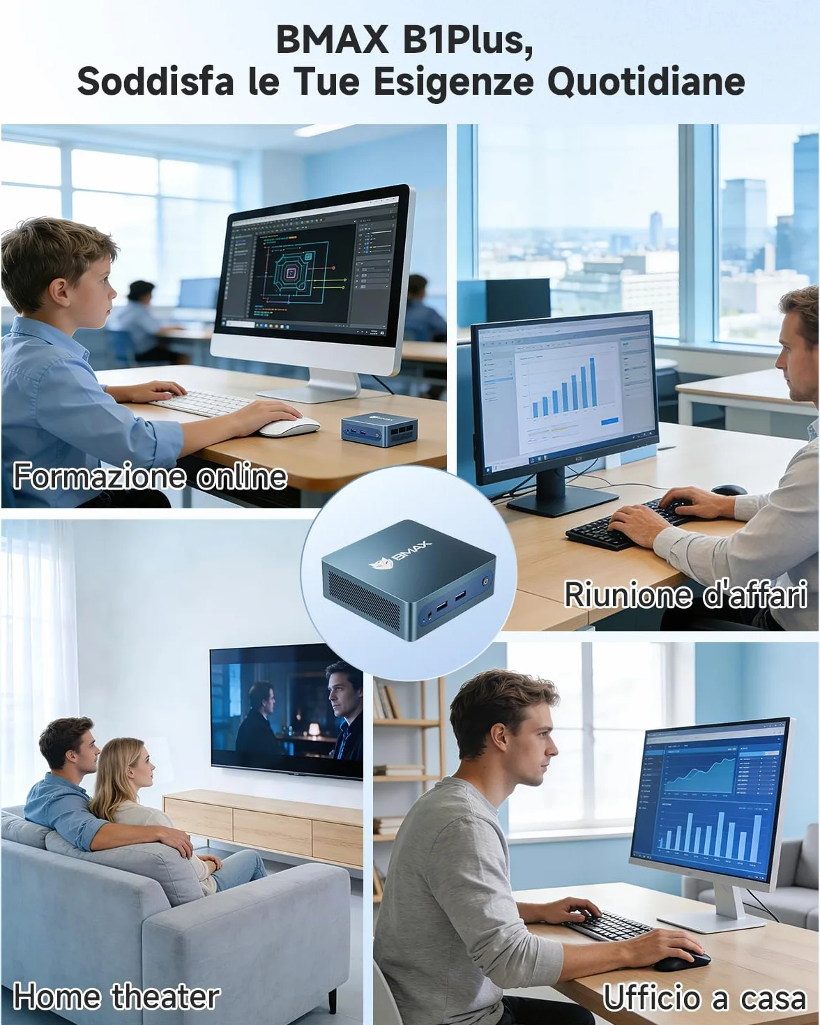 BMAX Mini PC B1 Plus Intel Celeron J3355 6GB RAM 128GB eMMC Espandibile 2TB m.2 SSD Desktop Computer Dual Display 4K@60 Hz HDMIx2 USBx4 WiFi 5 Bluetooth
