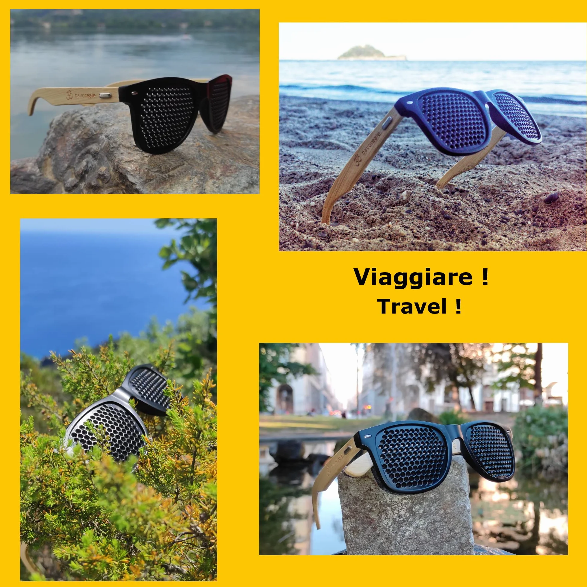 Occhiali stenopeici certificati pinhole glasses con EBOOK GRATS Bates, aste in bambù