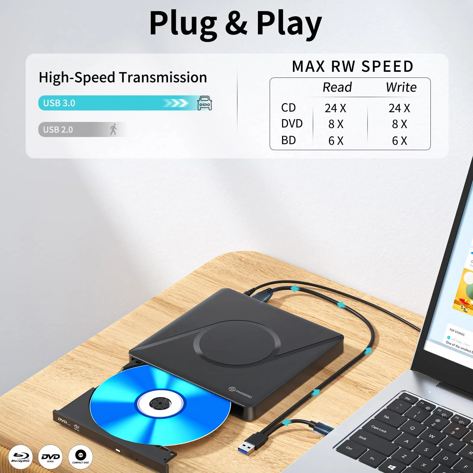 PHIXERO Masterizzatore DVD 3D Blu-ray portatile, USB 3.0 con unità Blu-ray Ultra HD 4K e cavo USB per Mac OS, Windows XP/7/8/10, Linux, Vista, PC portatile