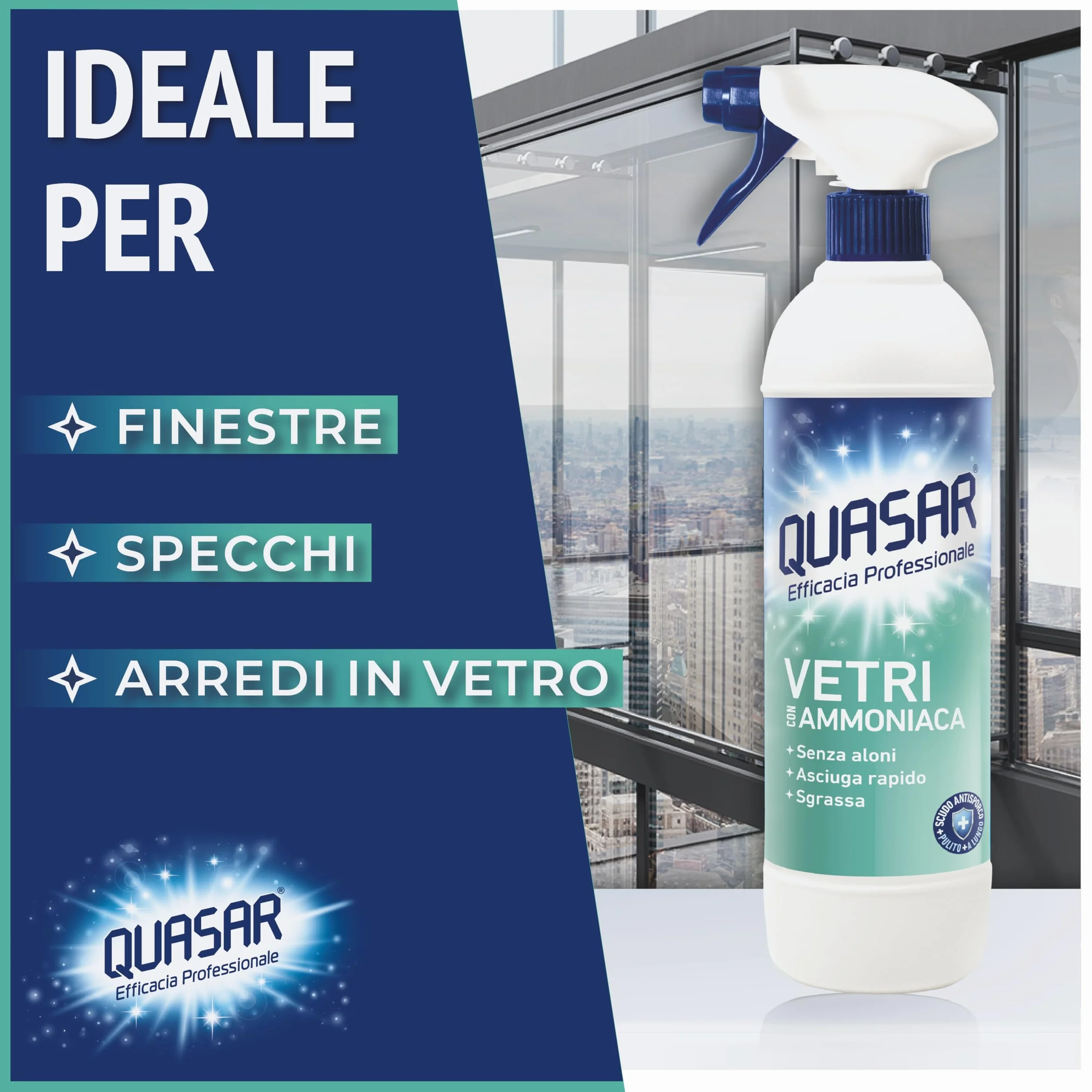 Quasar Vetri con Ammoniaca Senza Aloni Asciuga Rapido Sgrassa 680 ml