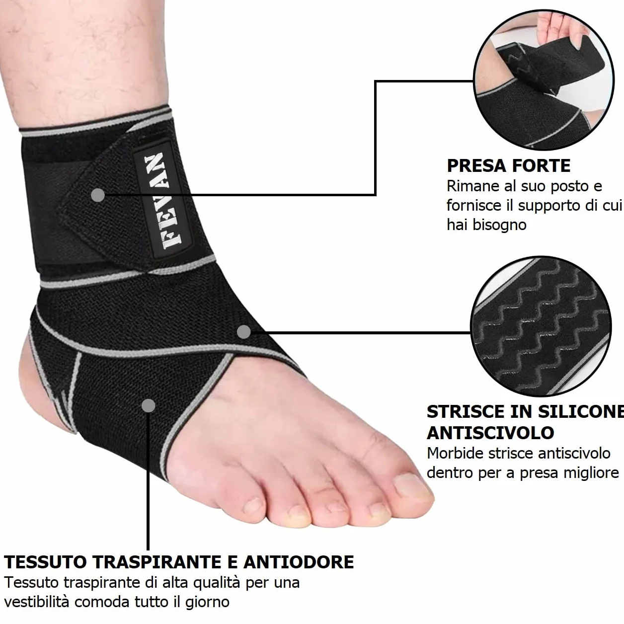 FEVAN Cavigliera Ortopedica Regolabile Antiscivolo - Tutore Caviglia per Distorsione (Nero/Grigio)