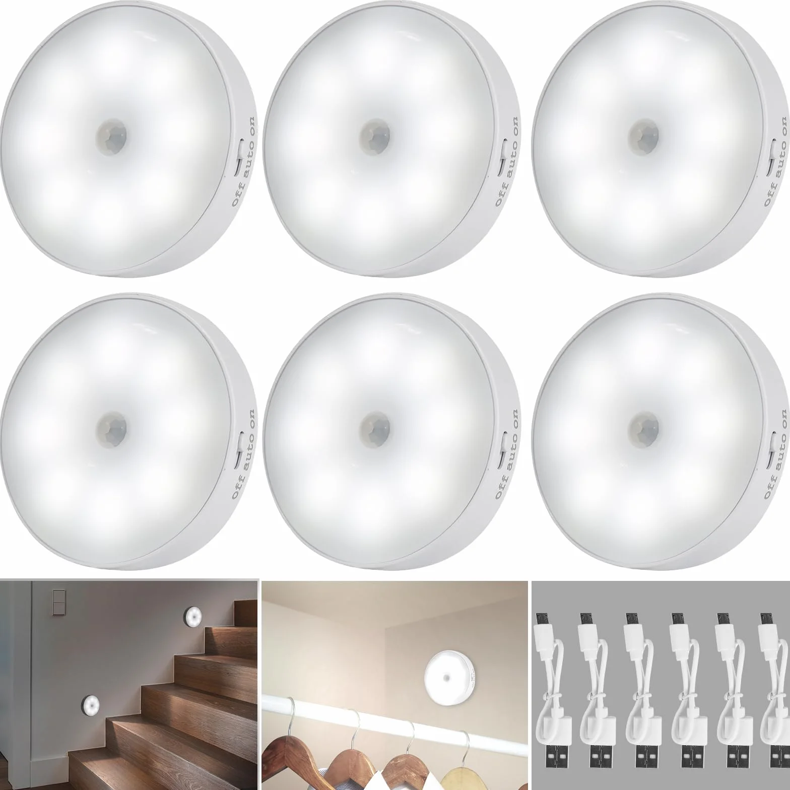 6 Pezzi 8 LED Luce Notturna LED Ricaricabile USB, Luce Wireless con Sensore di Movimento, Luce Notturna Automatica, con Striscia Magnetica o Stick-on, Perfetti per Armadio, Corridoio, Scale, ecc (A)