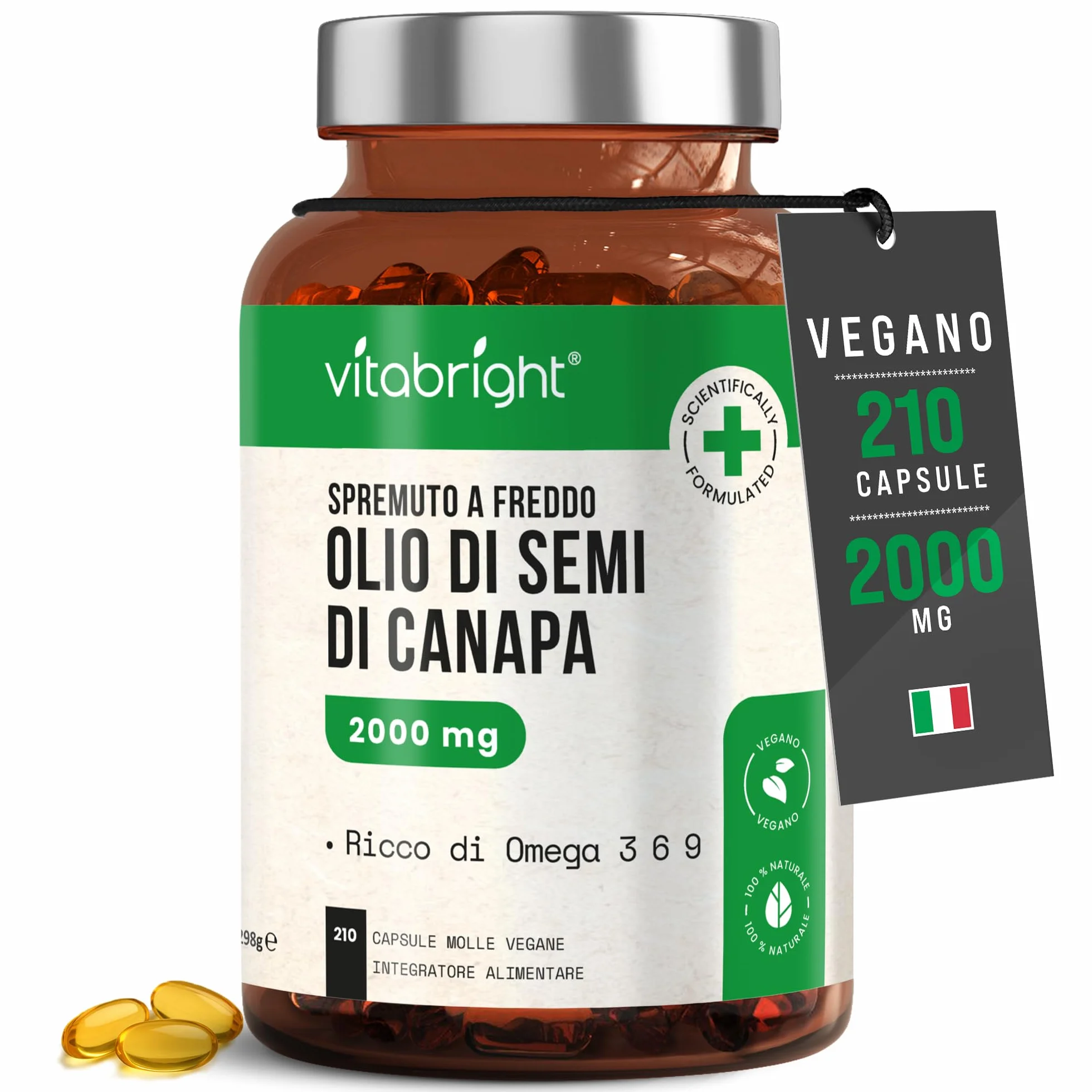 Olio di canapa in capsule 210 capsule 100% puro grani di canapa spremuti a freddo Ricco di Omega 3 6 9 VitaBright Hemp Seed Oil