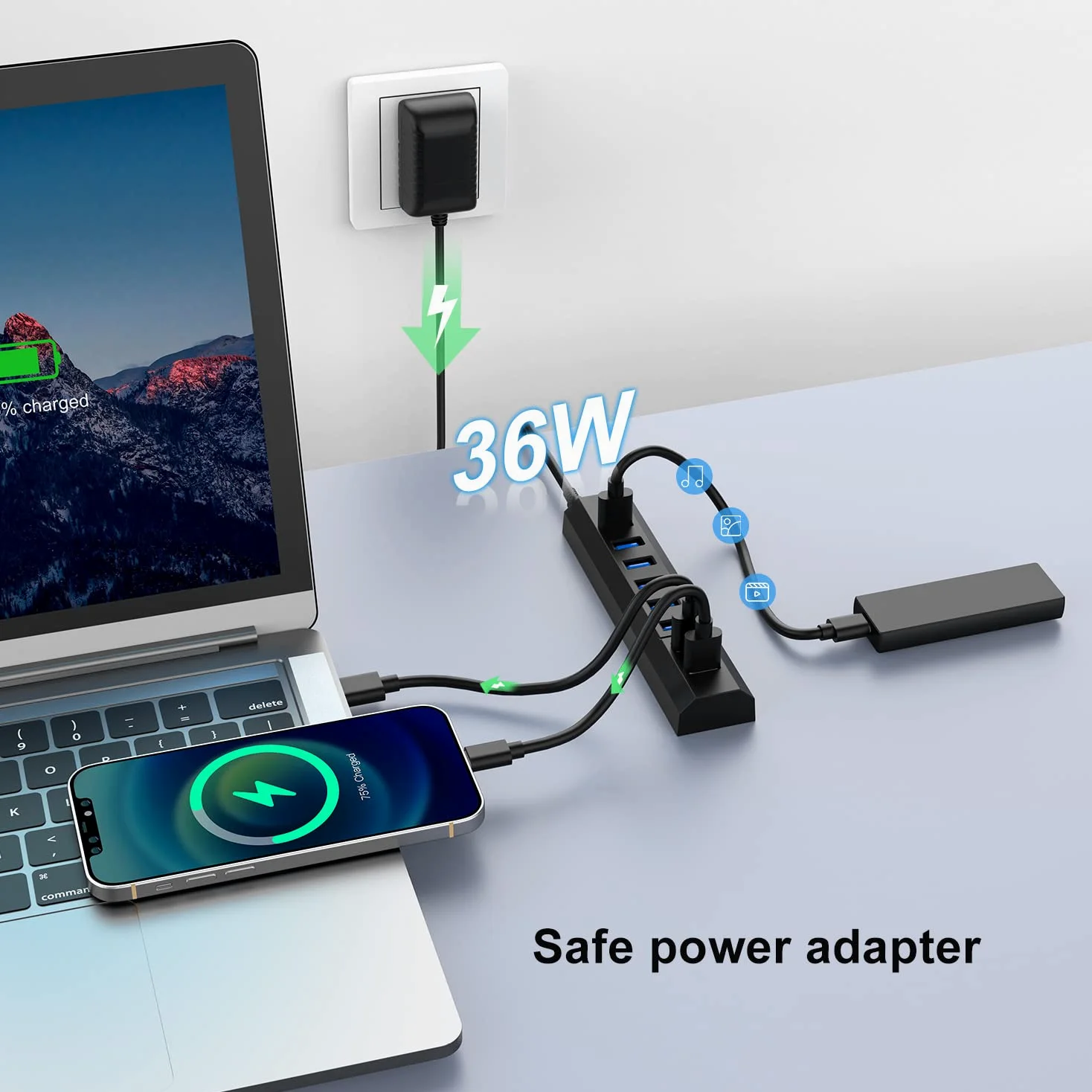 RAOYI Hub USB 3.0 alimentato, 8 porte ad alta velocità USB 3.0 Hub Splitter con adattatore di alimentazione da 36 W, cavo da 1 m e hub USB per caricabatterie rapido intelligente per laptop, PC, HDD