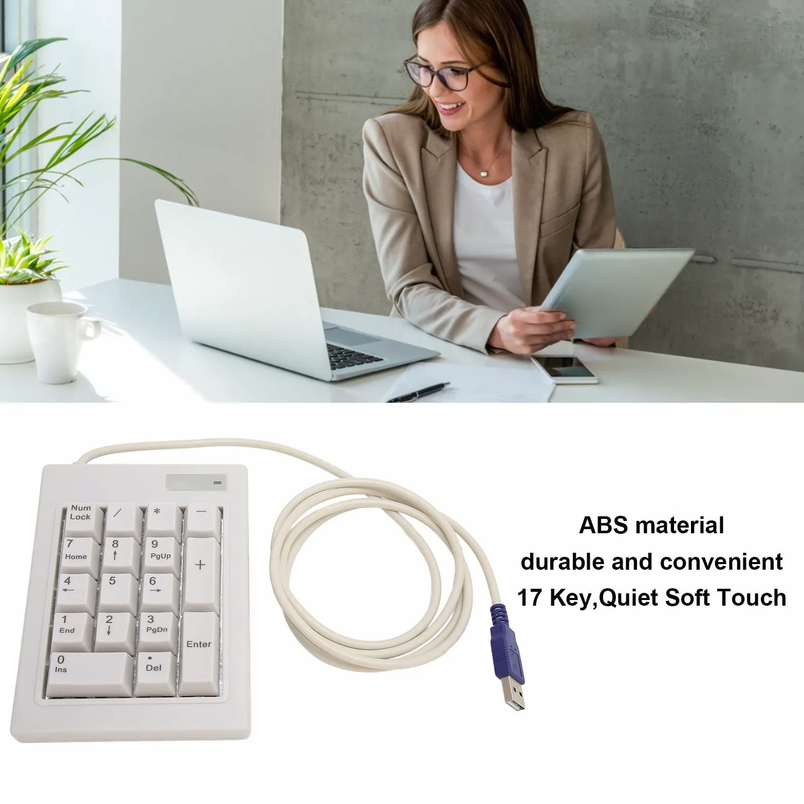 Tastierino Numerico Cablato, 17 Tasti Comodo da Tenere in Mano Tastierino Numerico Ergonomico Silenzioso con Assi Neri, Tasti Silenziosi Ridurre Lo Stress Soft Touch per Contabilità