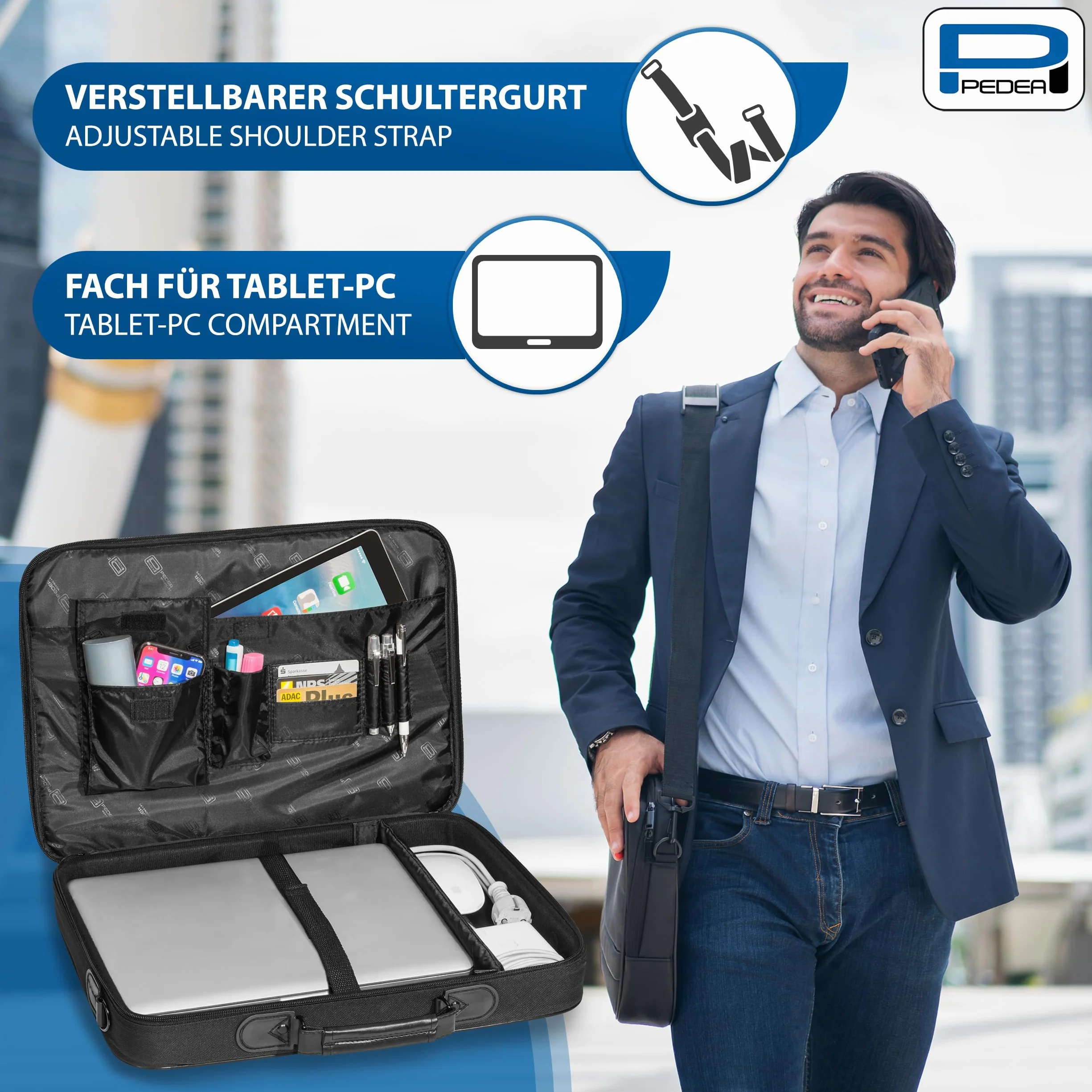 PEDEA - Borsa per Laptop *Trendline* Borsa per Notebook Fino a 18,4 Pollici - Borsa a Tracolla per Computer Portatile - Custodia per Laptop Nera - Borsa da Computer Uomo e Donna