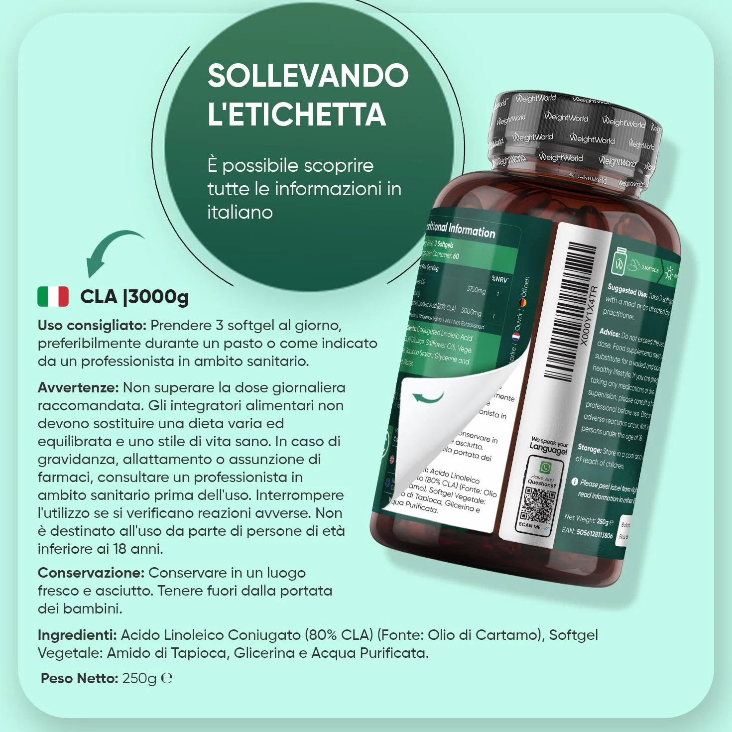 CLA 3000mg per Dose 180 Softgel Vegane 80% Acido Linoleico Coniugato Integratore Alimentare Senza Glutine