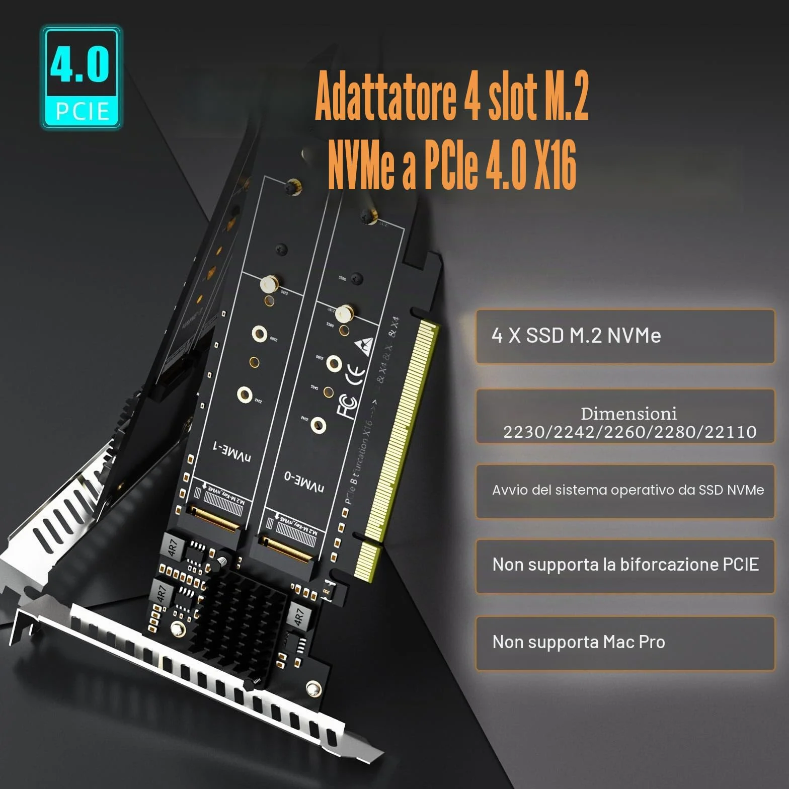 GLOTRENDS PA41 Quad Adattatore M.2 NVMe a PCIe 4.0 X16 senza biforcazione PCIe, configurazione RAID M.2 NVMe tramite strumento OS (supporta dimensioni 22110/2280)