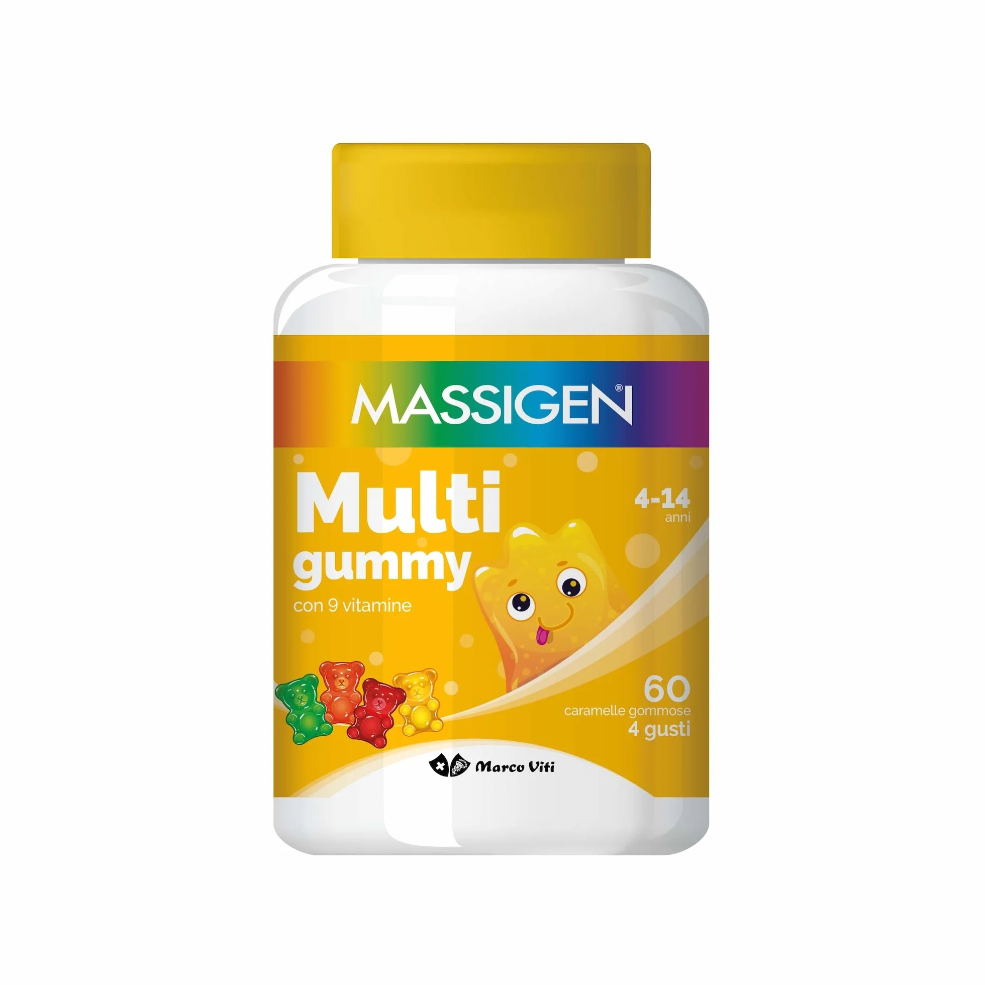 Massigen Multi Gummy Multivitaminico Bambini 4-14 Anni 60 Caramelle Vitamine A C E D B6 B12 Acido Folico Senza Glutine Lattosio