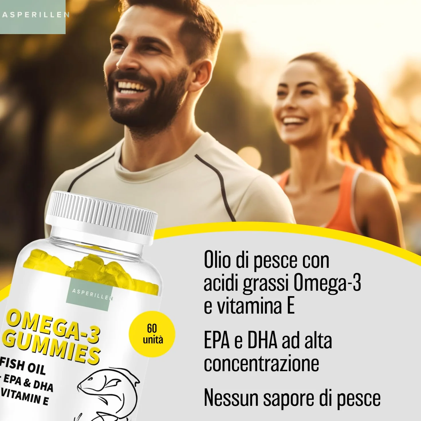 Omega 3 Gummies Olio di Pesce con Vitamina E - Alto Dosaggio EPA 400mg DHA 200mg - 60 Unità Gusto Limone