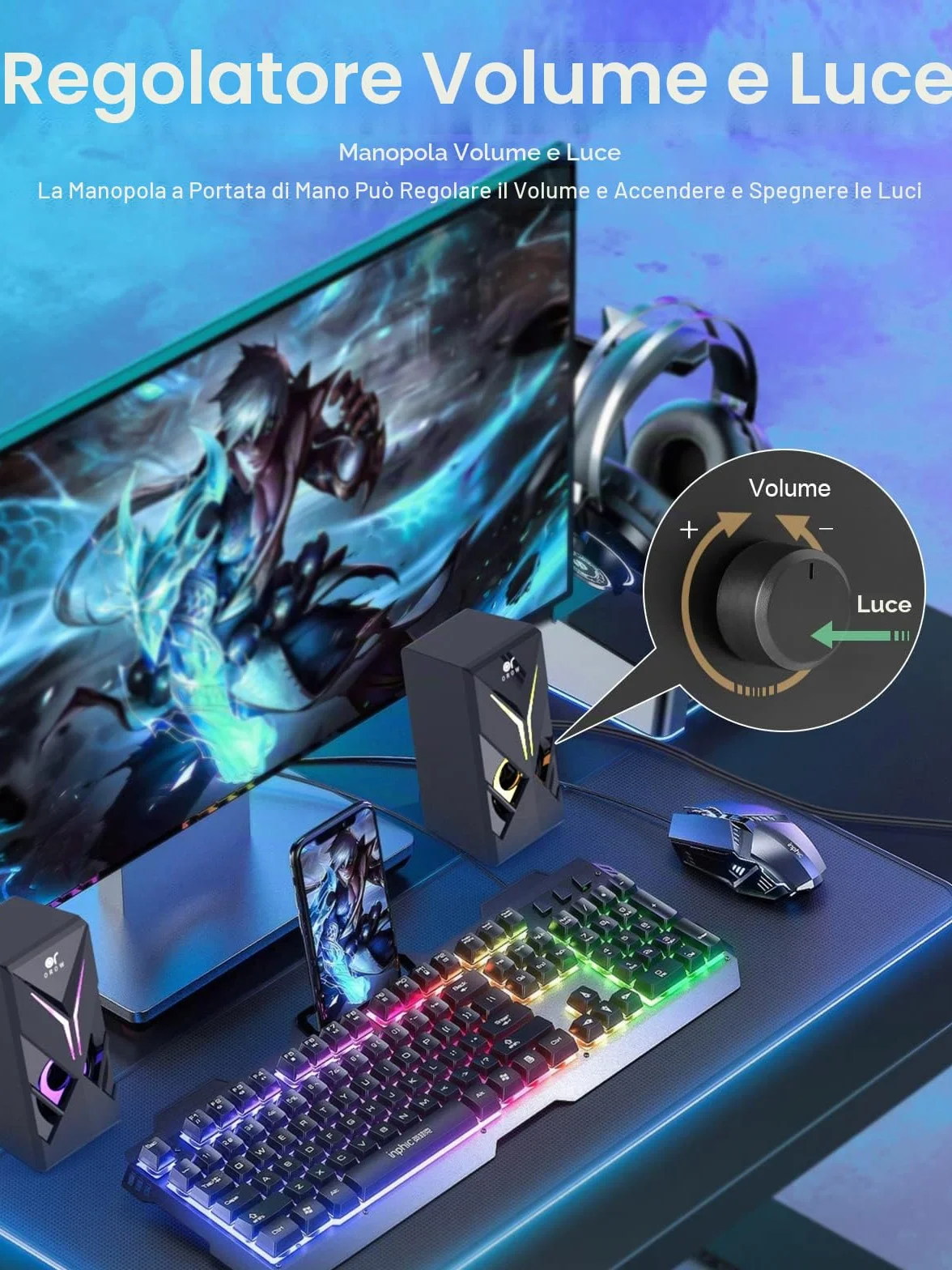 OROW PC Altoparlanti 10W RGB con Luce LED Stereo Sound 2.0 USB 3.5 mm Jack Manopola Volume S201