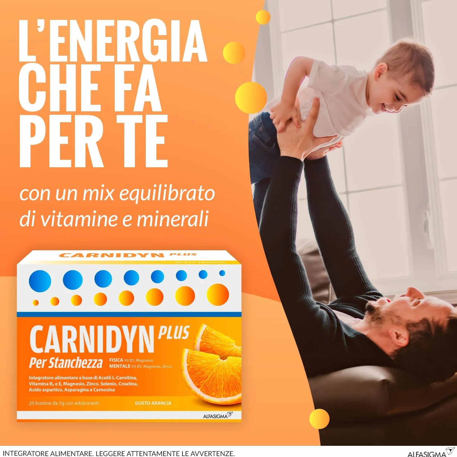 Carnidyn Plus Integratore Alimentare per Stanchezza Fisica e Mentale 20 Bustine 5g Gusto Arancia