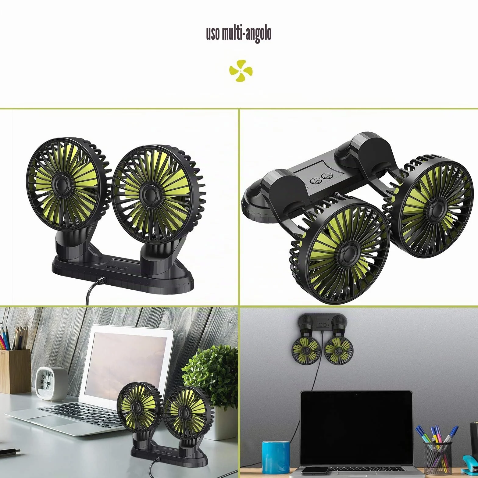Ymenow 5V 2A Ventilatori USB a Doppia Testa, Ventilatore auto ventilatore portatile ventilatore da tavolo silenzioso ventilatore aria fredda con Rotazione di 360 Gradi per Auto, Cruscotto e Ufficio