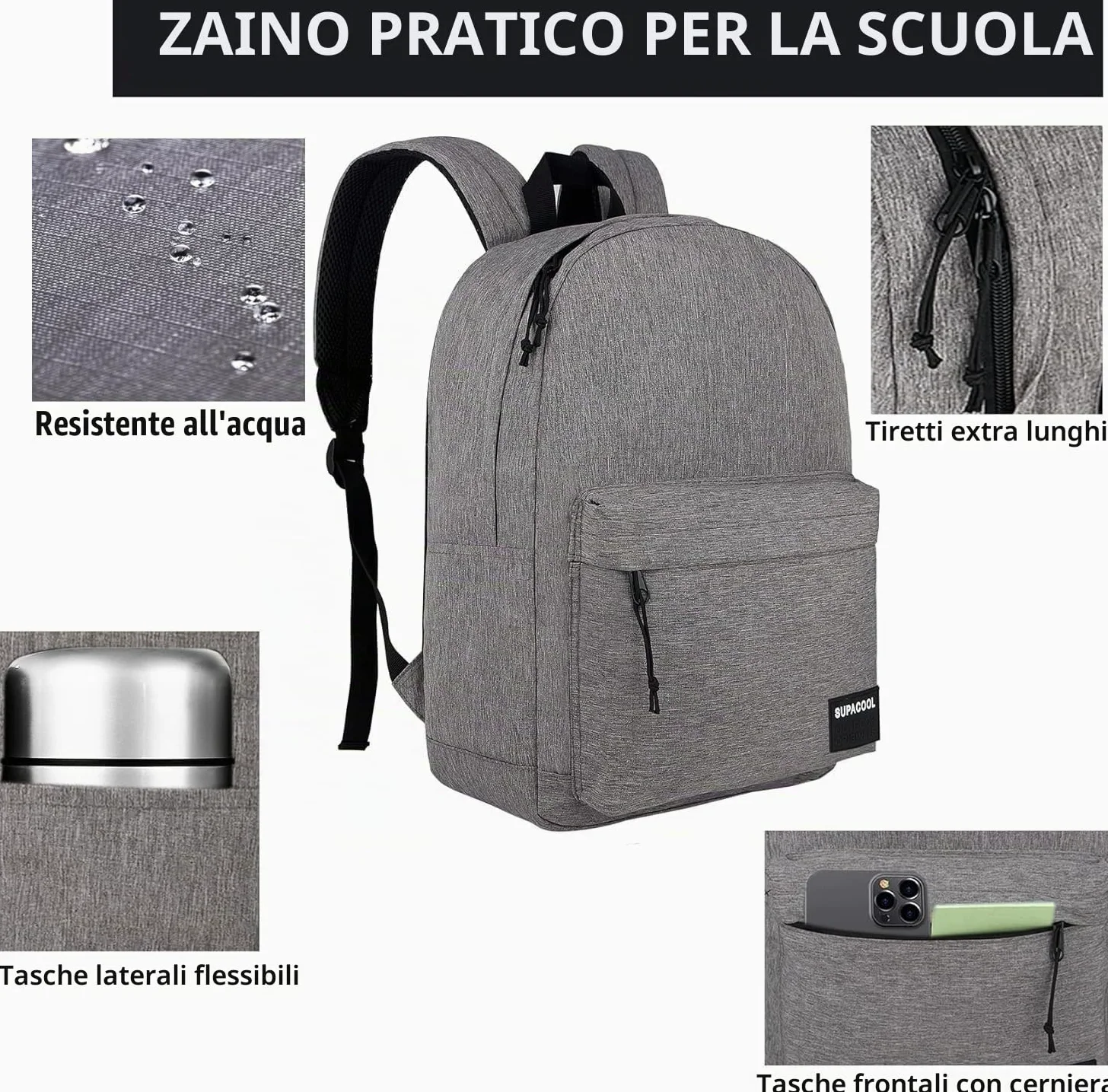 SUPACOOL Zaino leggero e casual con porta di ricarica USB per uomini e donne, borsa per libri di scuola per college, Big Size, laptop(Light Grey)