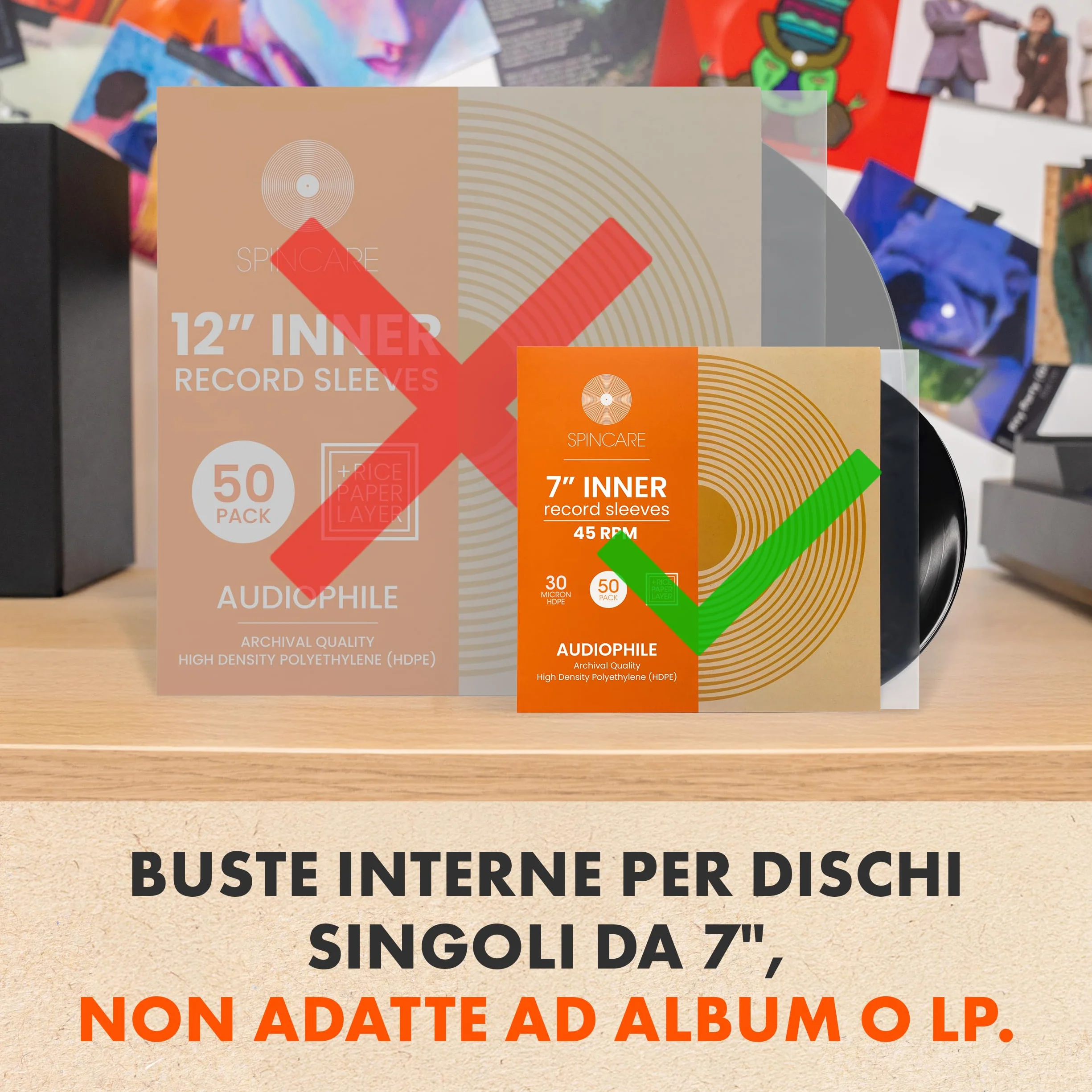 Spincare 50x 7 pollici Buste Vinili 45 Giri Interne | Audiophile buste per vinili antistatiche in HDPE qualità archivio per dischi 45 giri 7"