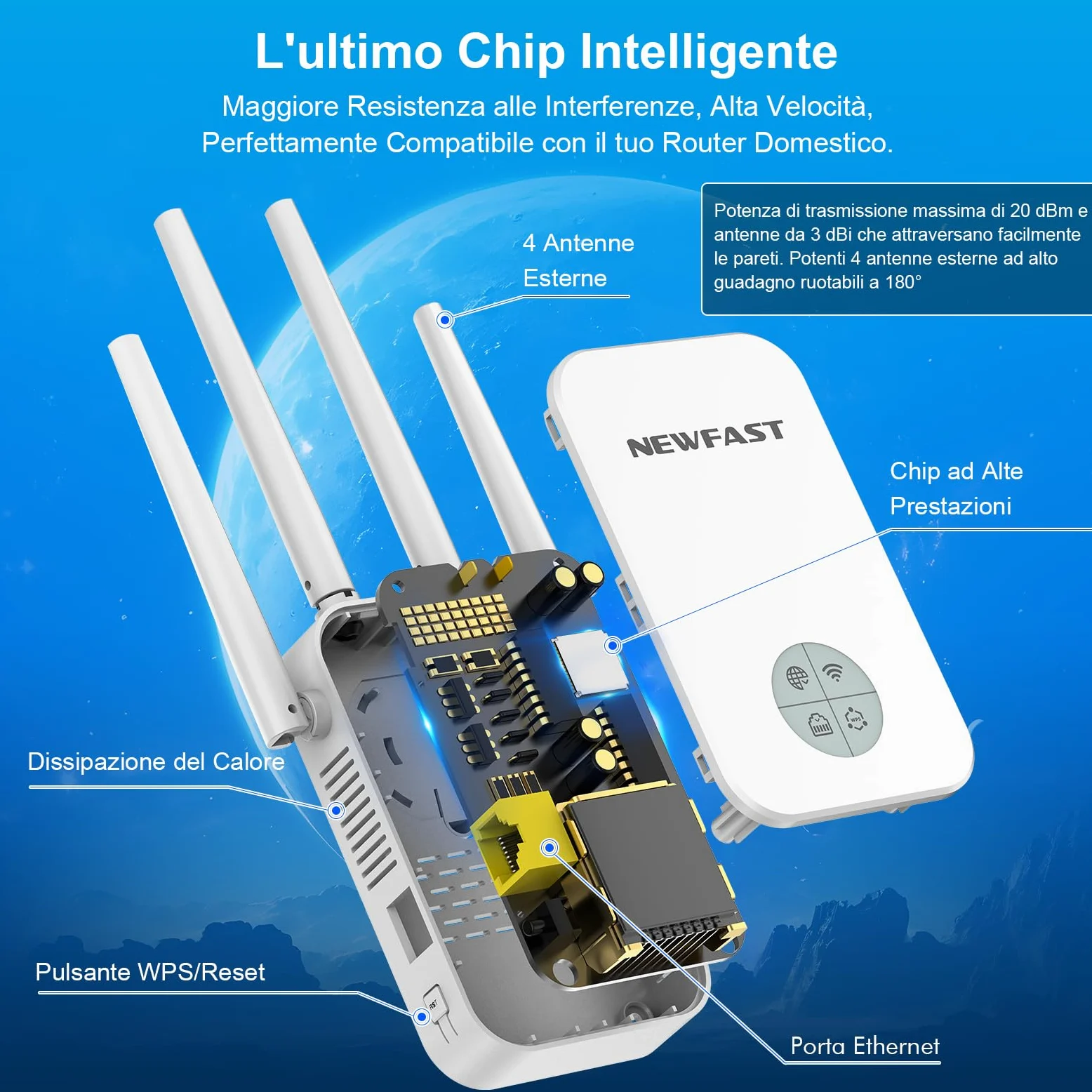 NEWFAST Ripetitore WiFi Potente 1200Mbps WiFi Extender Dual Band 2.4G/5GHz | 4 Antenne ad Alto Guadagno, Porta Ethernet, WPS, Display Intelligente, Amplificatore WiFi Supporta 3 Modalità