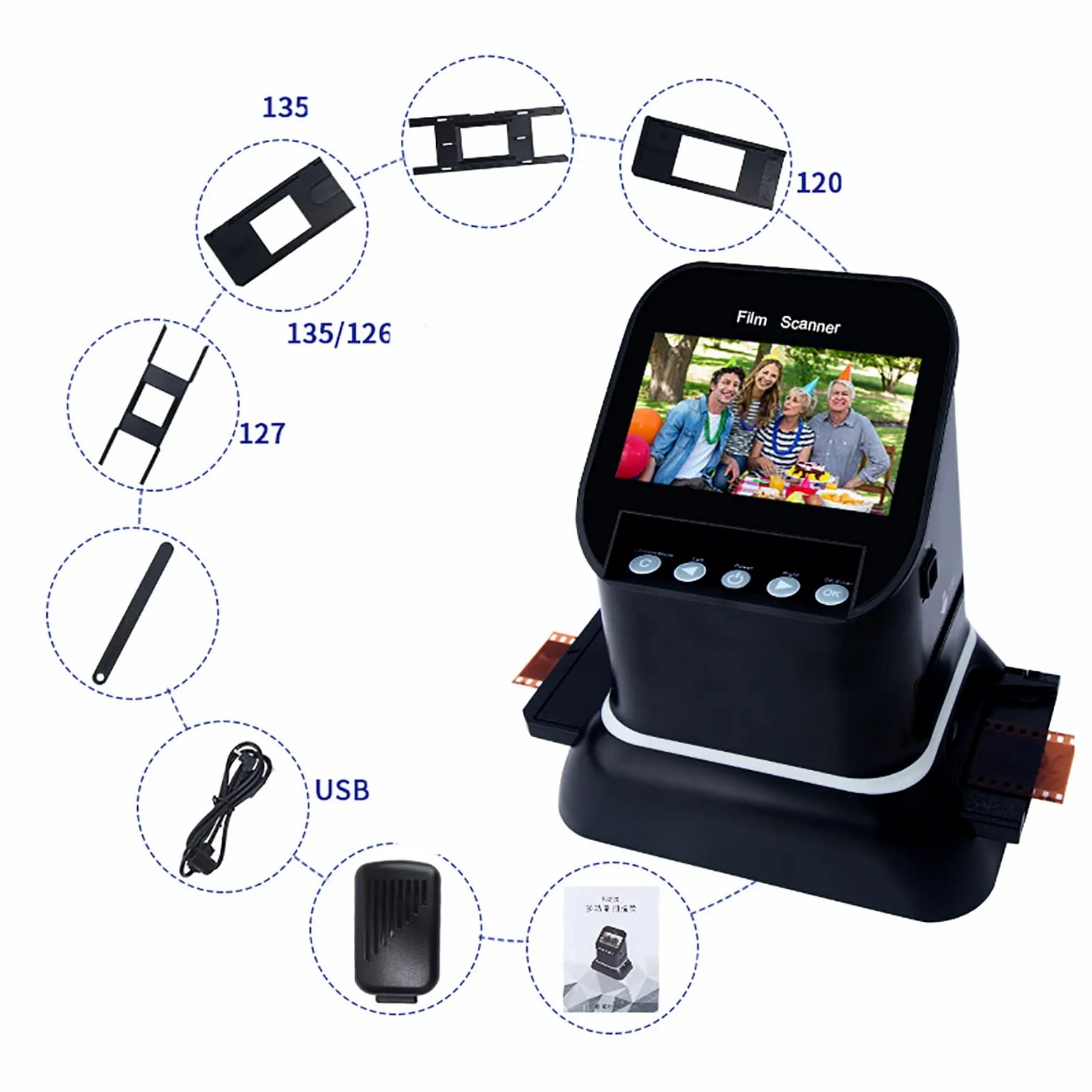 Scanner per pellicole digitali, convertitore di pellicola ad alta risoluzione 120, schermo LCD 1080P, converte 35 mm, 135, 126, 127 negativi e diapositive in digitale JPEG