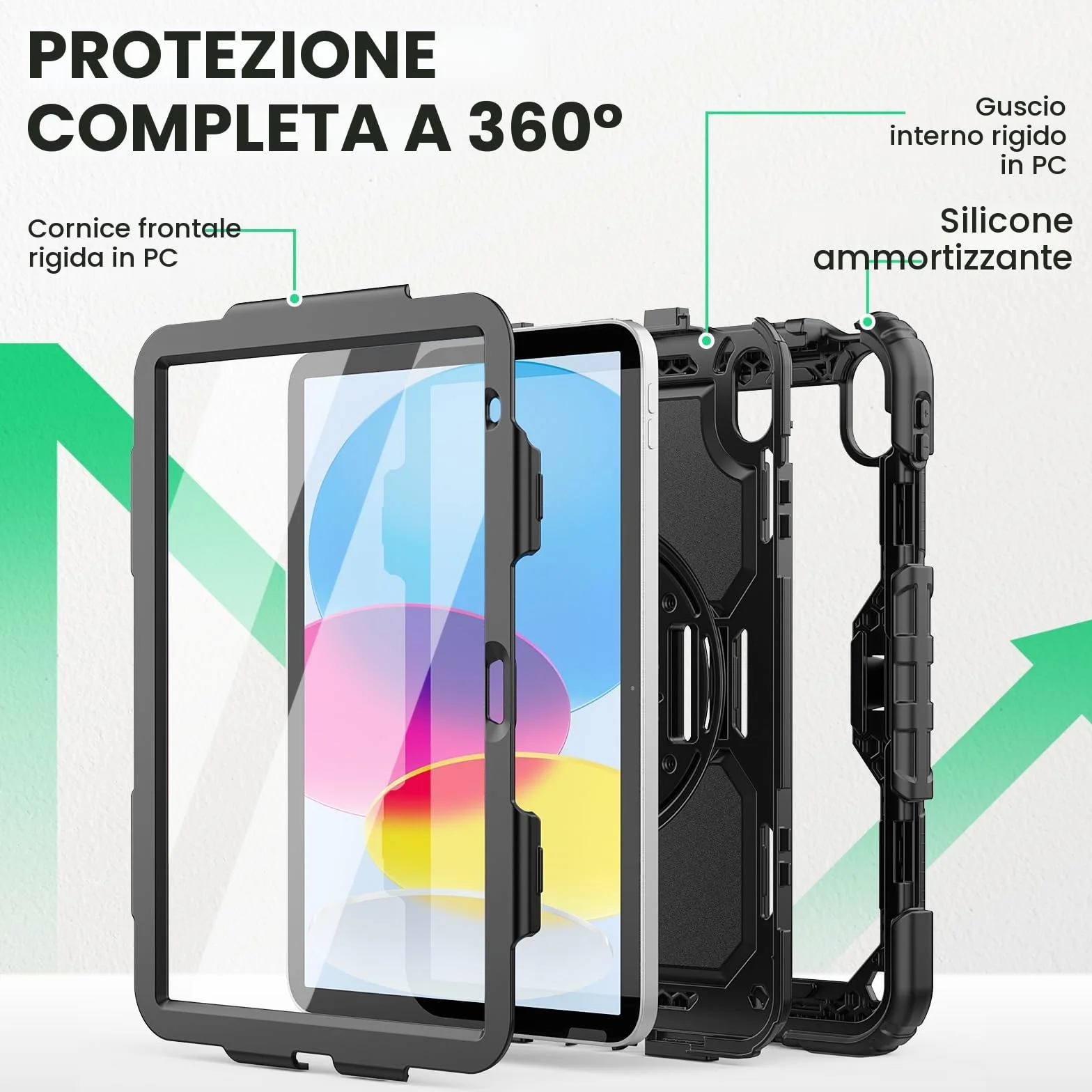 SEYMAC Custodia per iPad A16 11a/10a Generazione 11/10.9 pollici 2025/2022 Resistente agli urti con Protezione Schermo Supporto Girevole 360° Portapenne Tracolla Nero