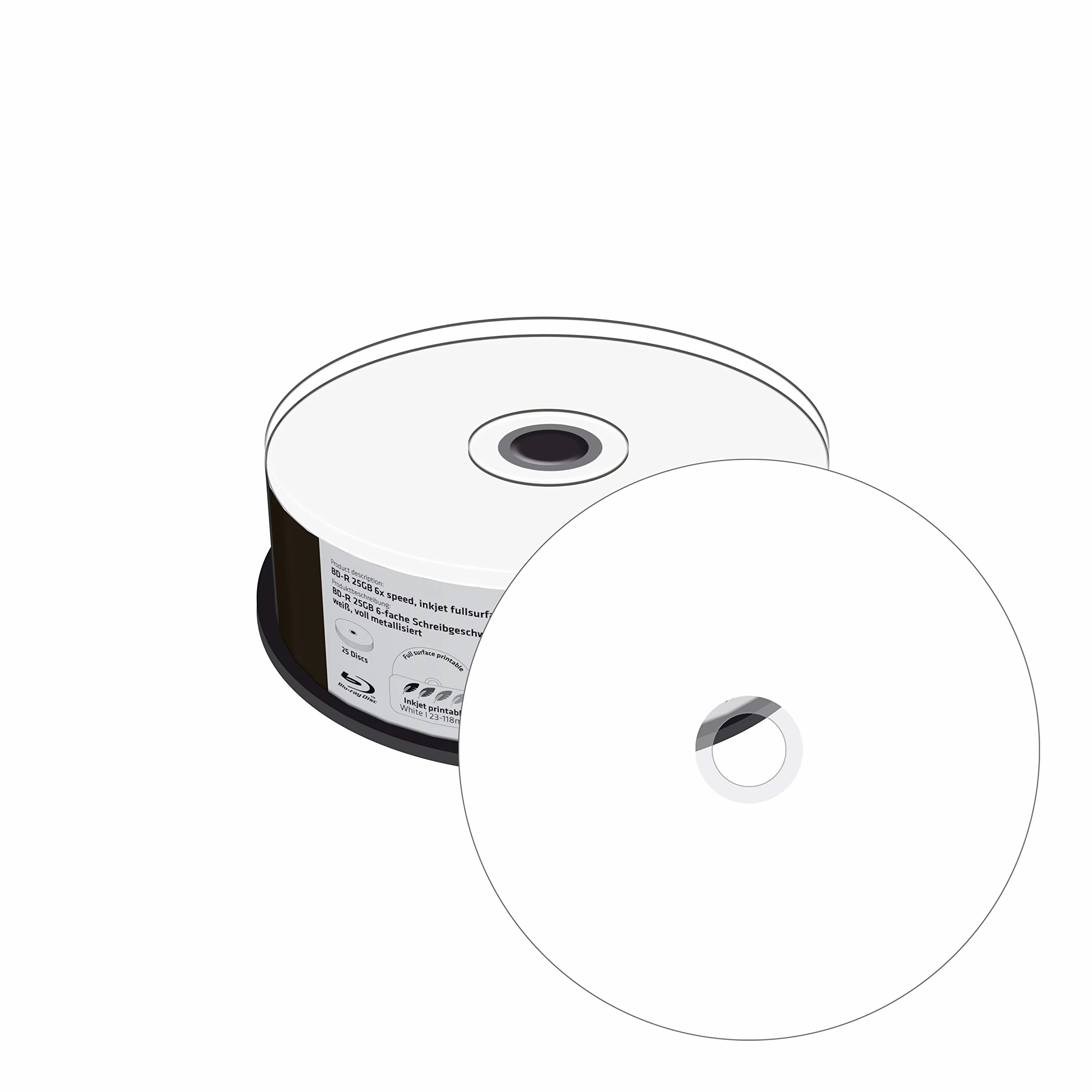 MediaRange BD-R 25 GB 6 velocità di Scrittura, stampabile su Tutta la Superficie (Stampante a Getto d'inchiostro), Completamente Metallizzata, 25 Cakebox