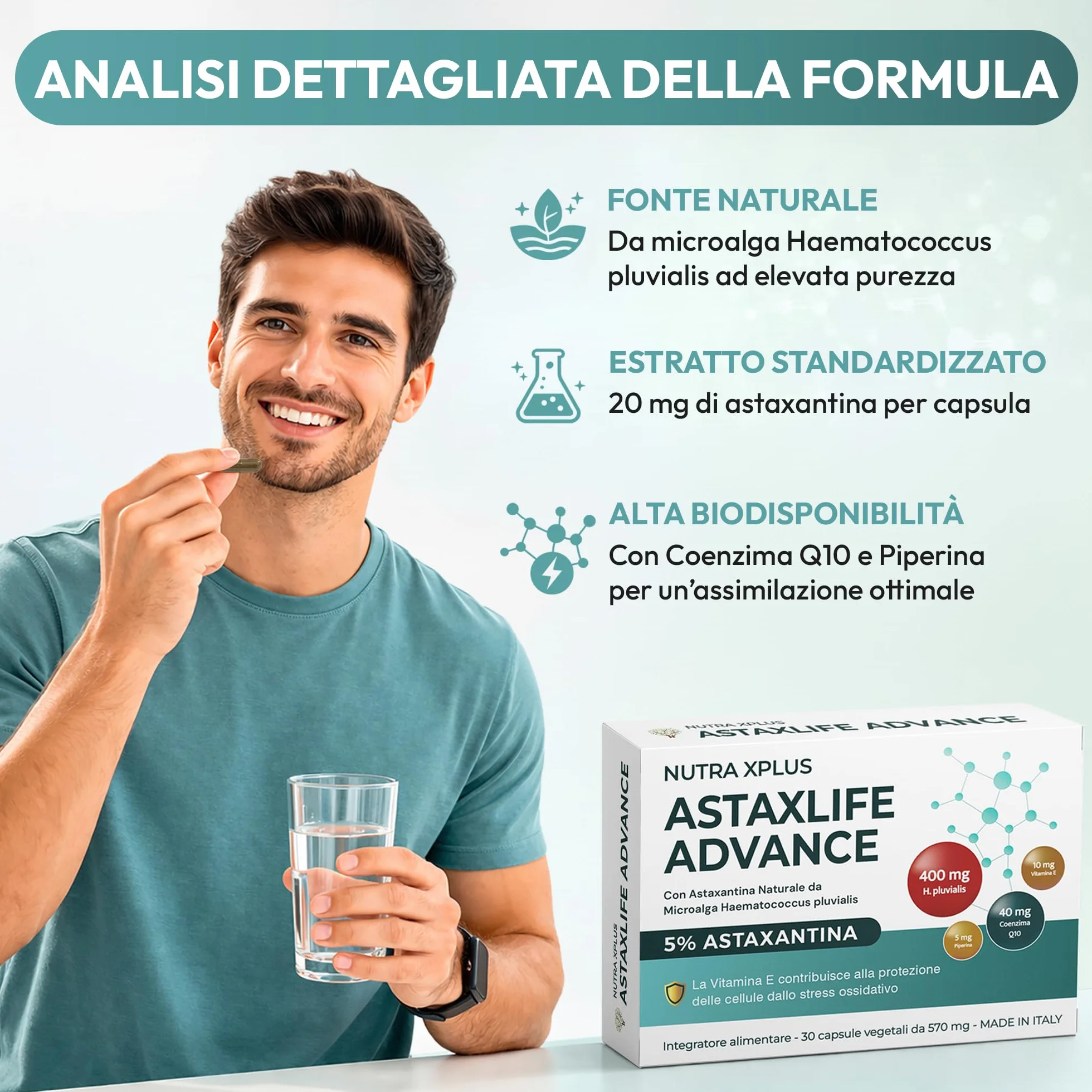 AstaxLife Advance Astaxantina 20 mg con Coenzima Q10, Vitamina E e Piperina antiossidante naturale