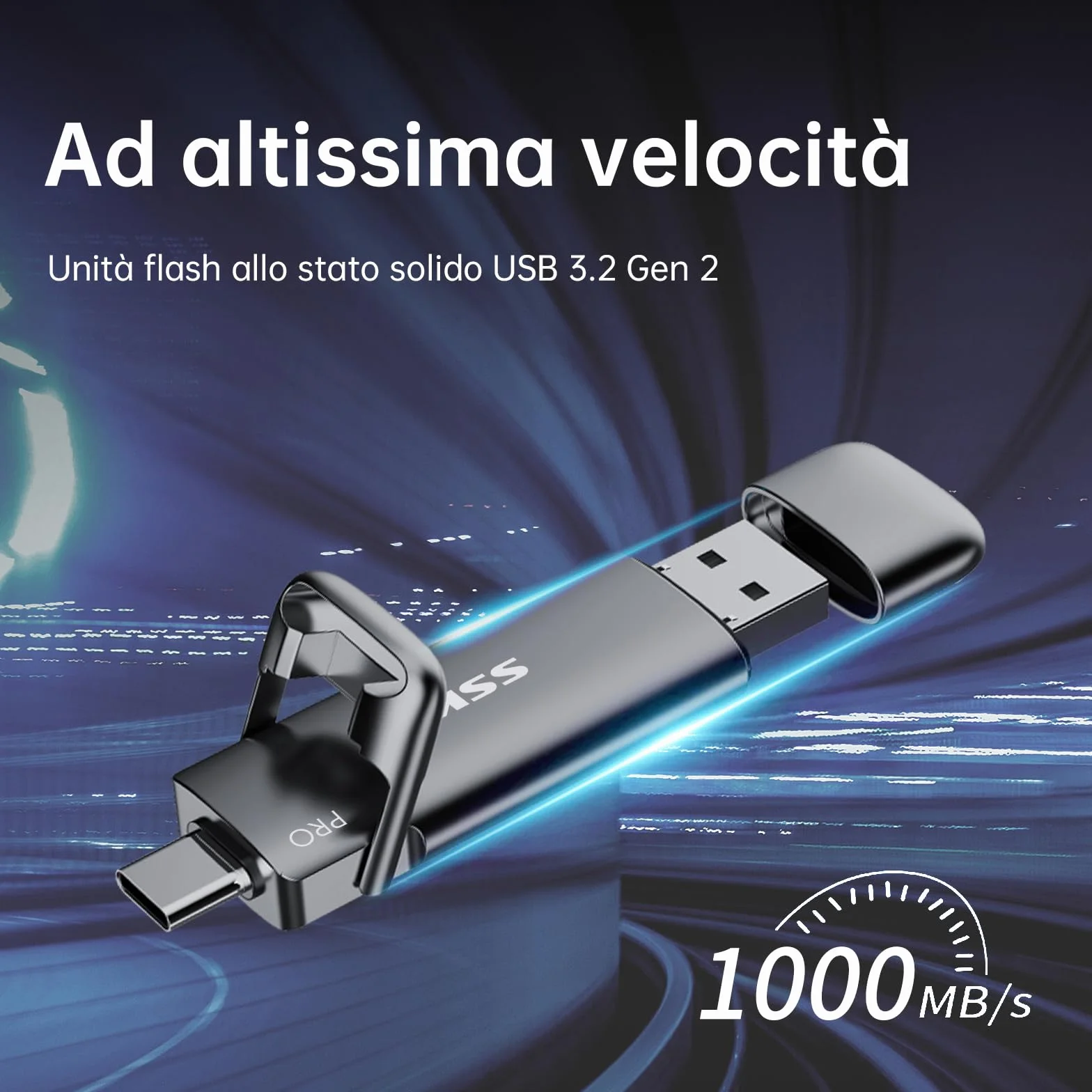 SSK Hard disk esterno USB C SSD da 256 GB, con fino a 1000 MB/s, chiavetta USB veloce, doppia USBC+USBA USB 3.2 Gen2 per iPhone 15/PS4/Android Phone/Tablet/Windows/Mac