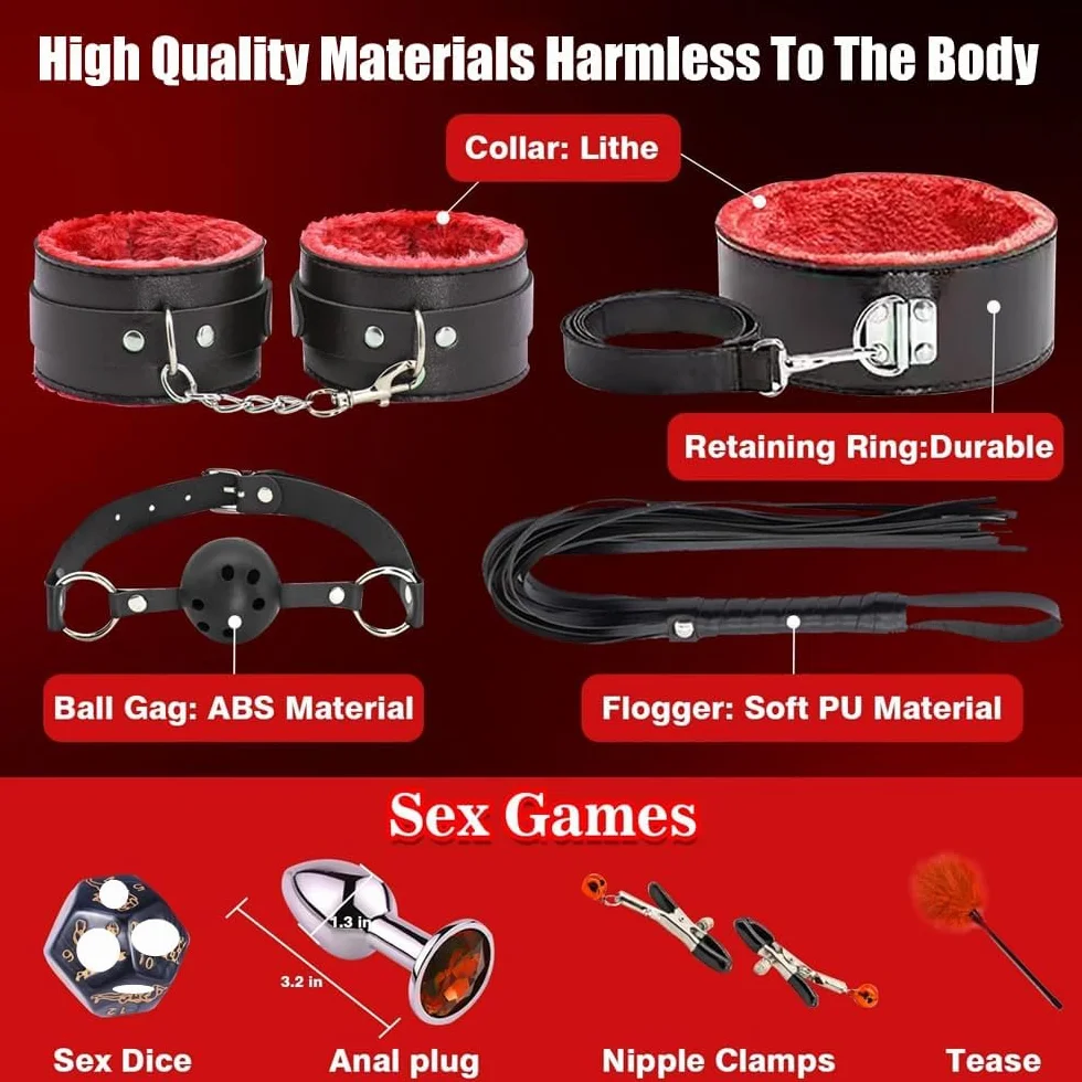 Set Bondage SM per Coppie Set Completo con Benda Plug Anale Palla da Bocca Frusta di Piume d'Oca Giocattolo Bondage Premium Kit SM Estremo