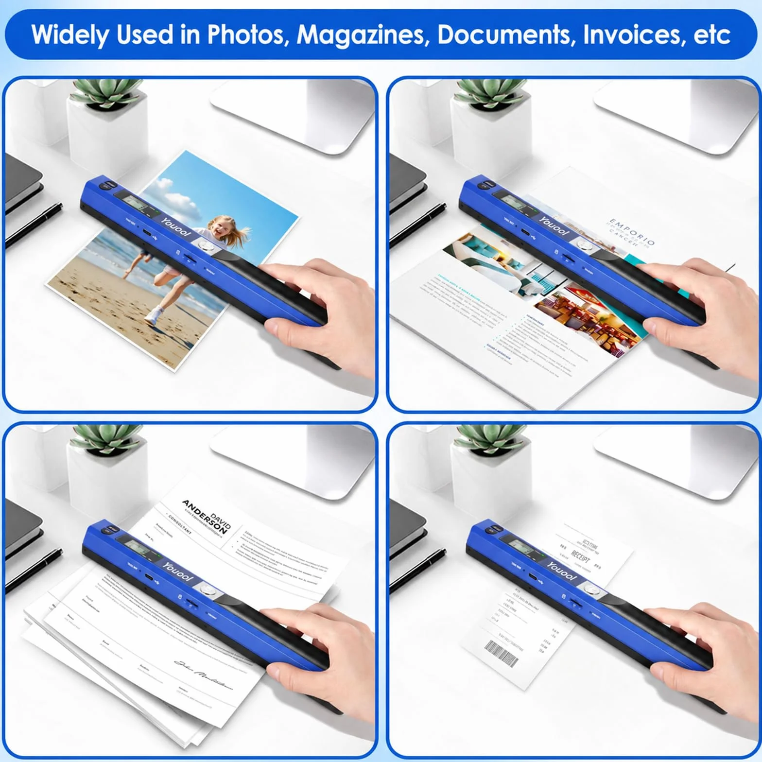 Scanner portatile A4 900 dpi USB a colori per documenti JPG/PDF blu + scheda 16GB