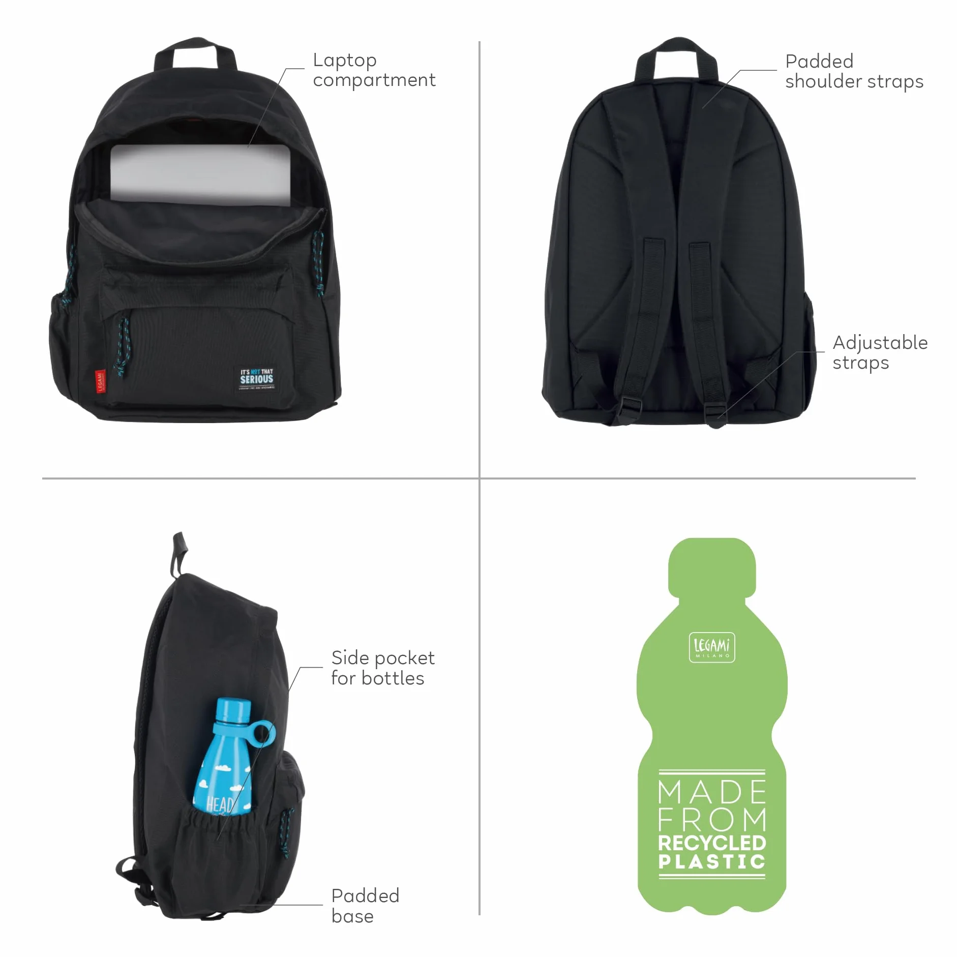 Legami - Zaino Per Scuola My Backpack, Cartella Scuola Foderata, Regolabile, Chiusura a Zip, Scomparto Interno per Laptop e Tablet, Tasca Laterale, Utilizzabile per viaggiare, 30 x 40 x 18 cm