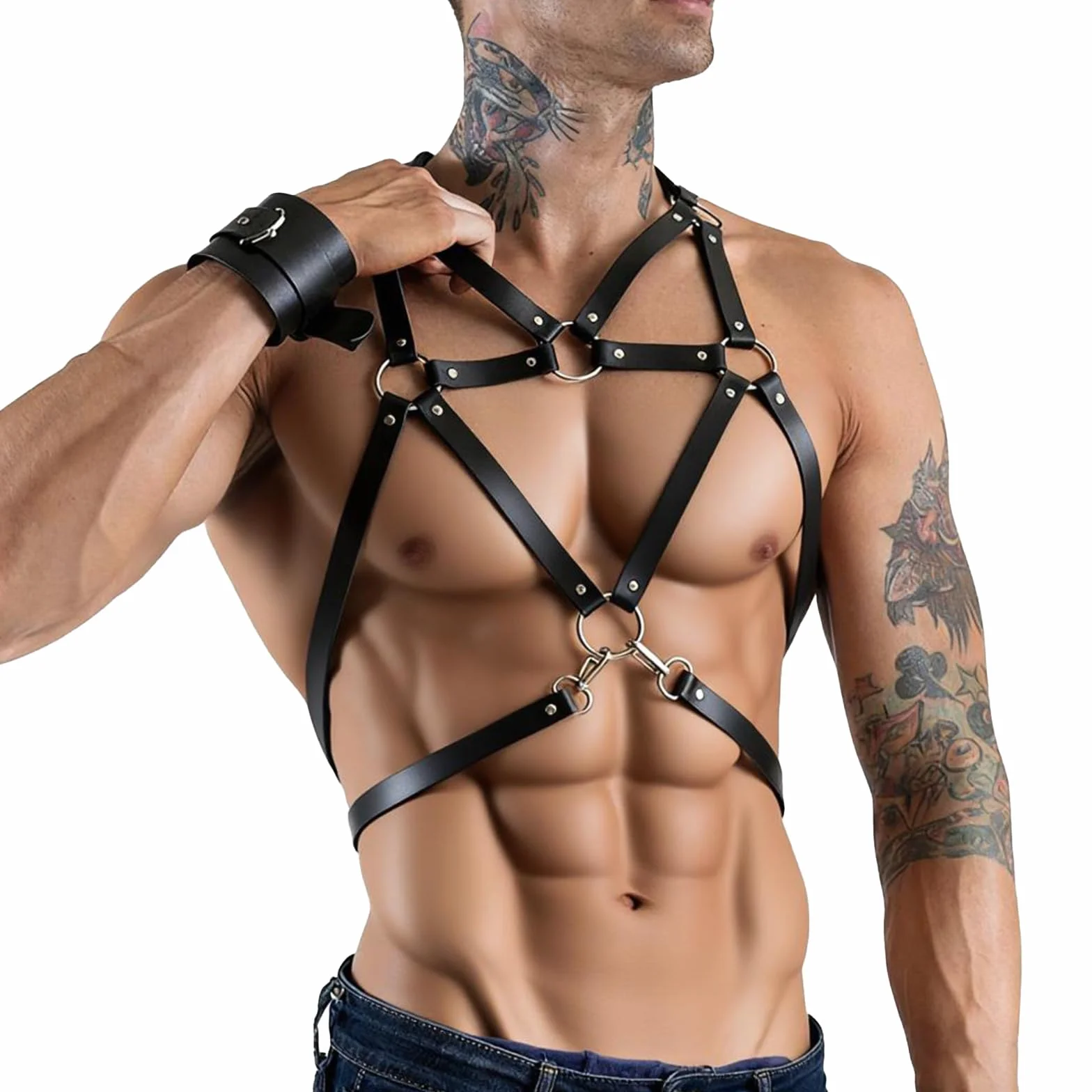 Corsetto da uomo in pelle nera BDSM Gothic Punk Chest Harness Fetish Bondage