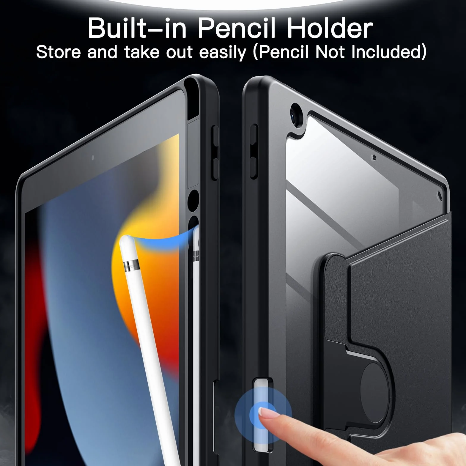JETech Rotante Custodia per iPad 9/8/7 10,2 Pollici 2021/2020/2019 con Portapenne 360 Gradi Rotazione Cover Nero