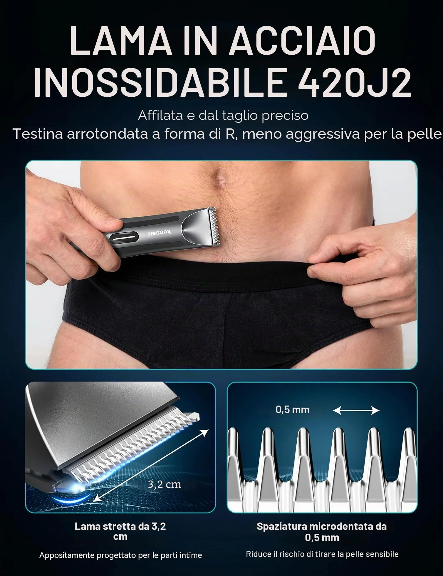 KENSEN Rasoio Elettrico Barba Depilatore Corpo Uomo LED Umido Asciutto RFCD-9088