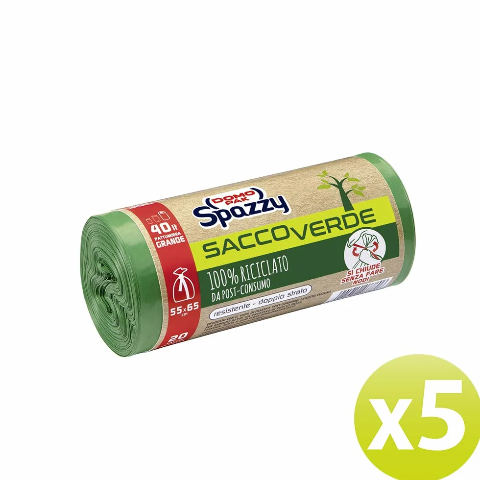 Domopak Spazzy Sacchi Nettezza Saccoverde Avvolgi & Chiudi 40 Lt Verde Riciclato 5 Confezioni 100 Pezzi 1350 g